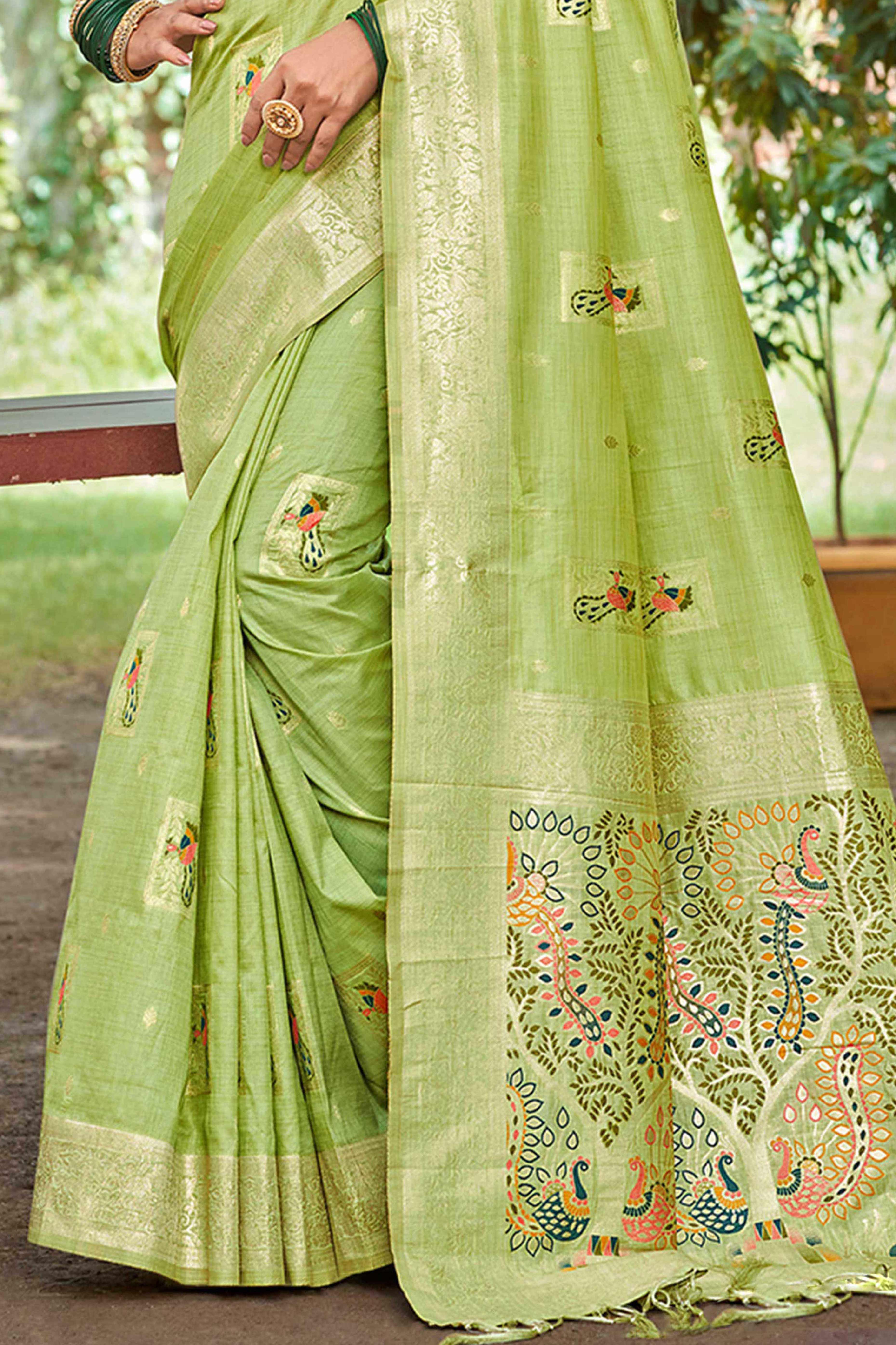 Green Floral & Peacock Motif Zari Woven Assam Silk Blend Saree With Graceful Tassel Pallu