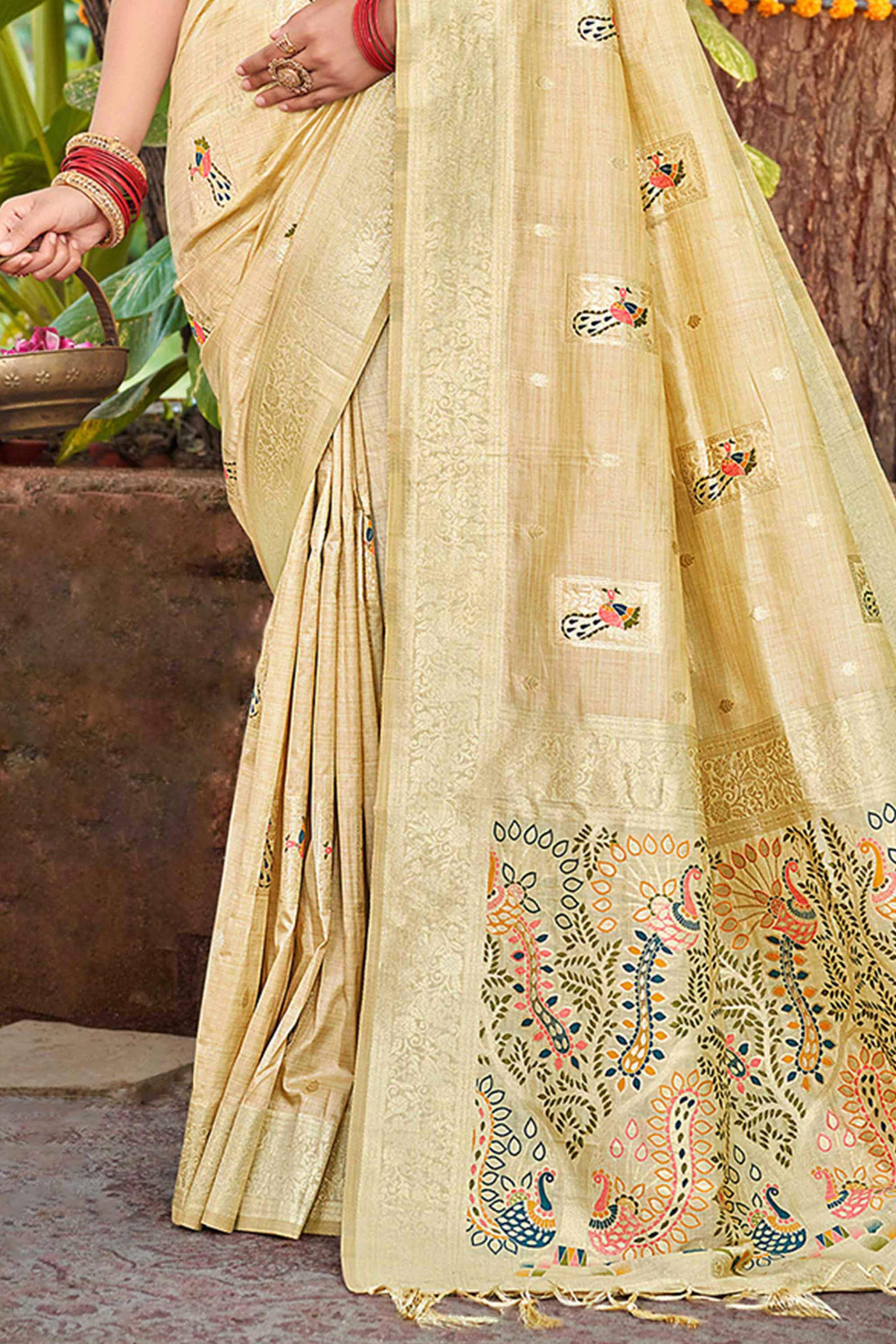 Cream Floral & Peacock Motif Zari Woven Assam Silk Blend Saree With Graceful Tassel Pallu