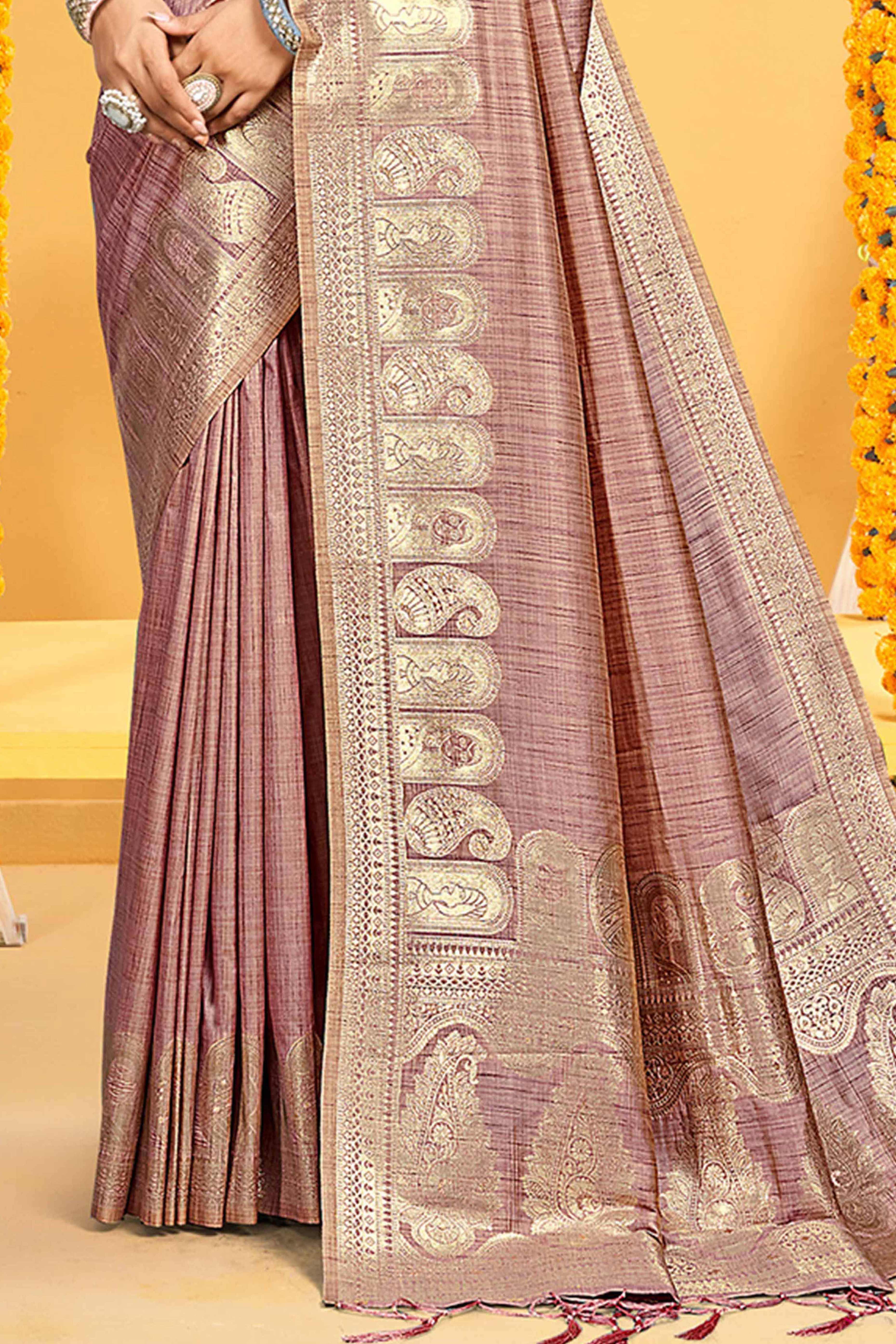 Classic Mauve Floral & Paisley Design Weaving Assam Silk Blend Saree With Tassel Pallu