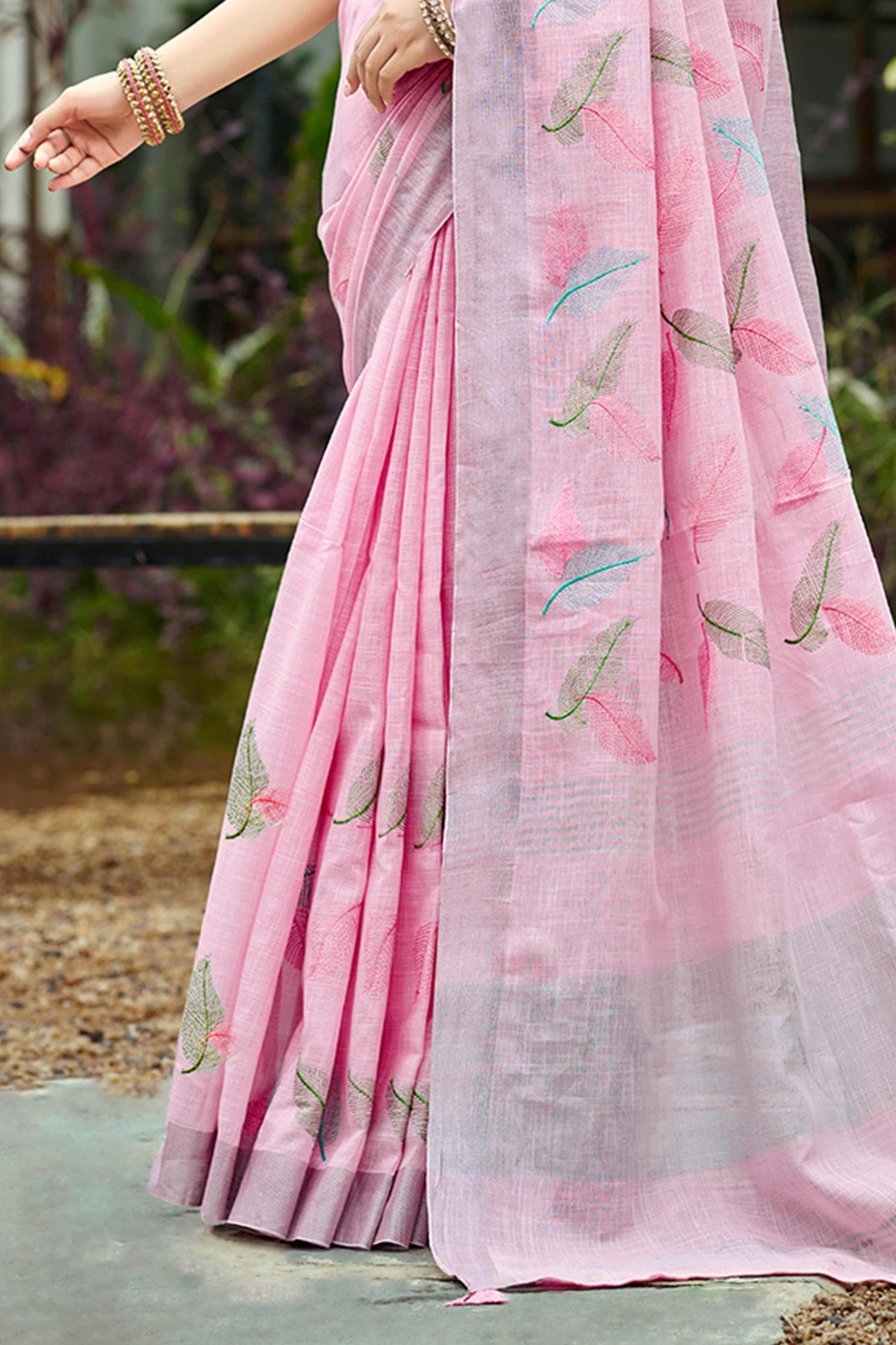 Exquisite Pink Leaf Motif Thread Embroidered Linen Saree With Elegant Weaving Border