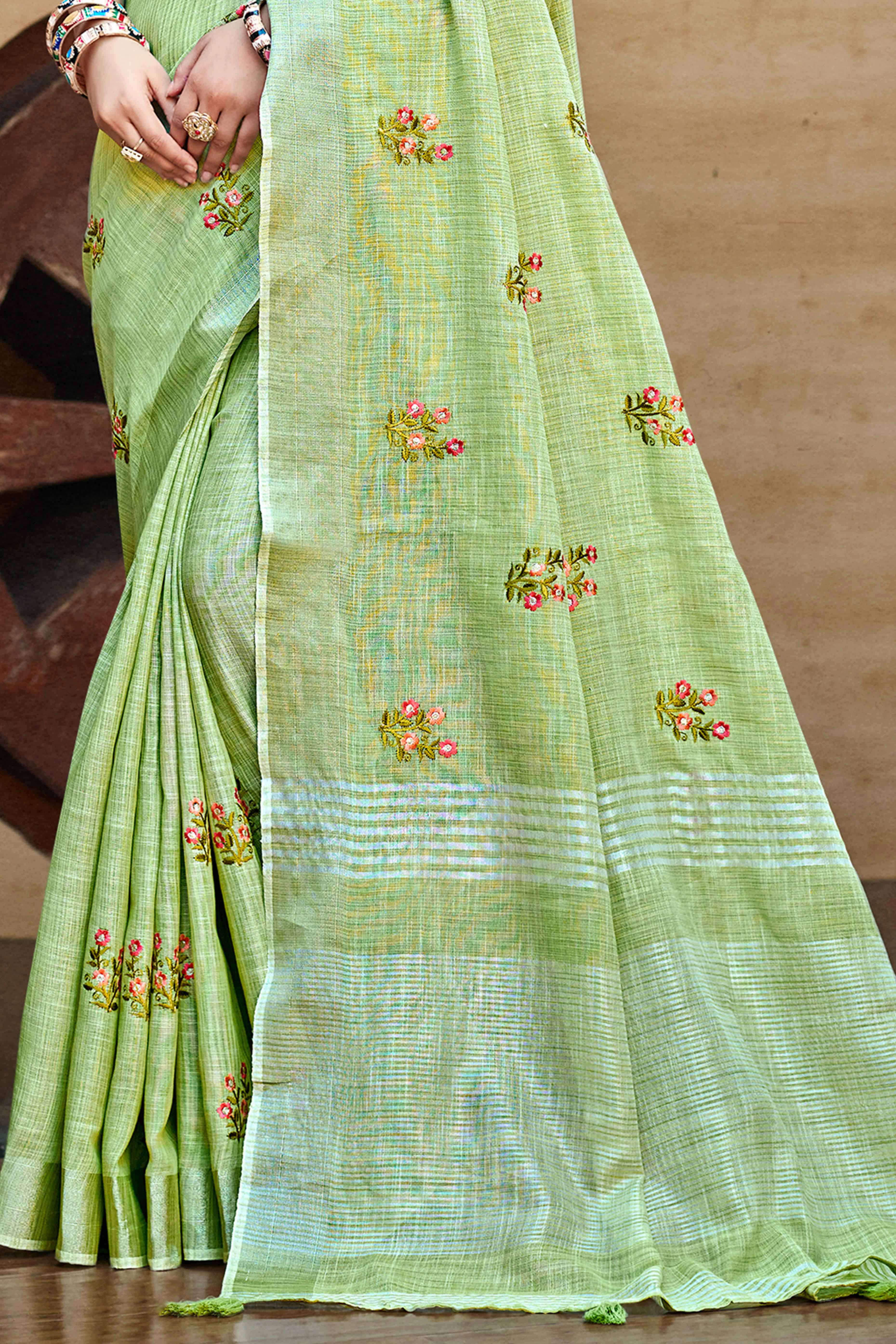 Green Embroidered Linen Saree with Floral Motifs in Woven Fabric