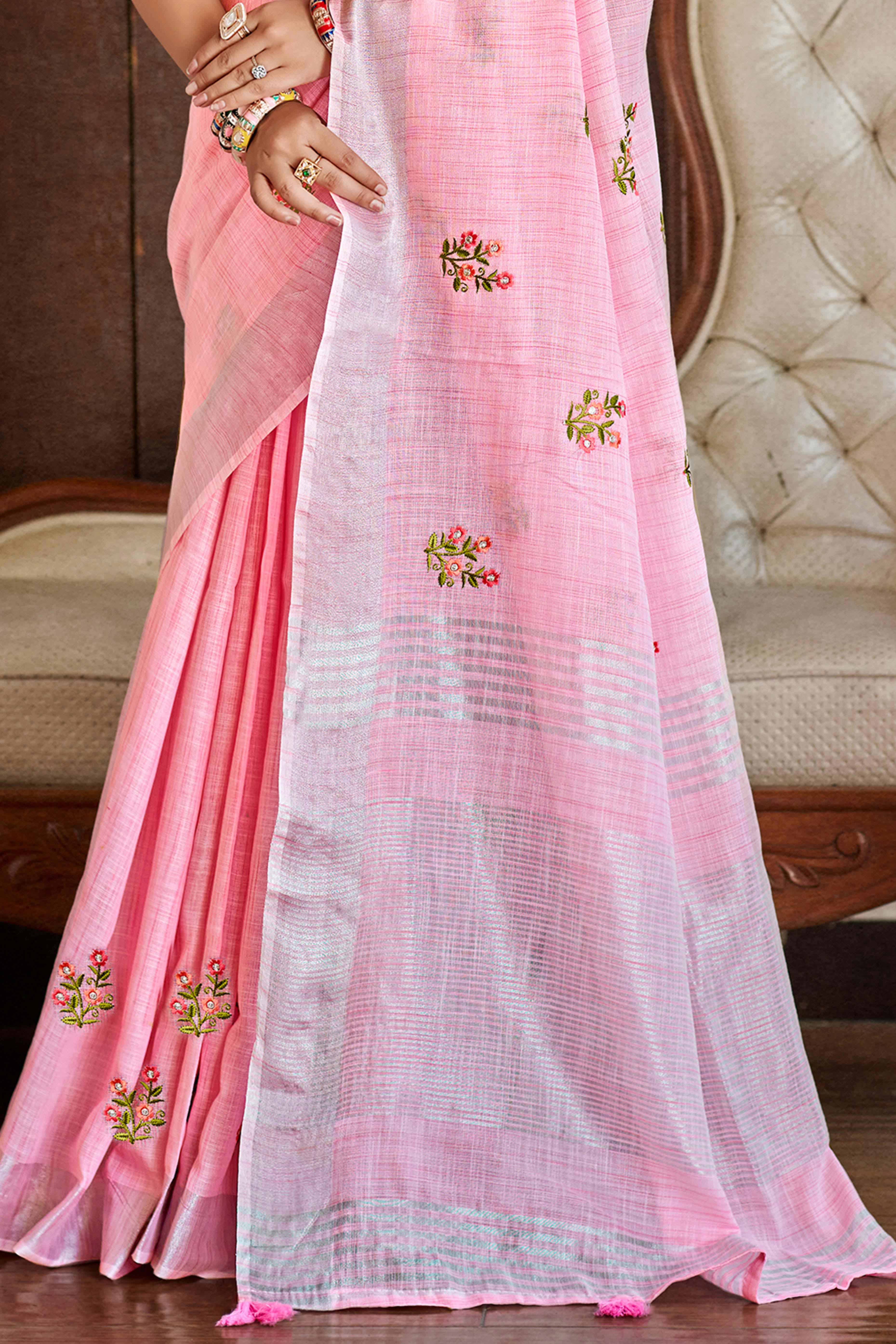 Pink Embroidered Linen Saree with Floral Motifs in Woven Fabric