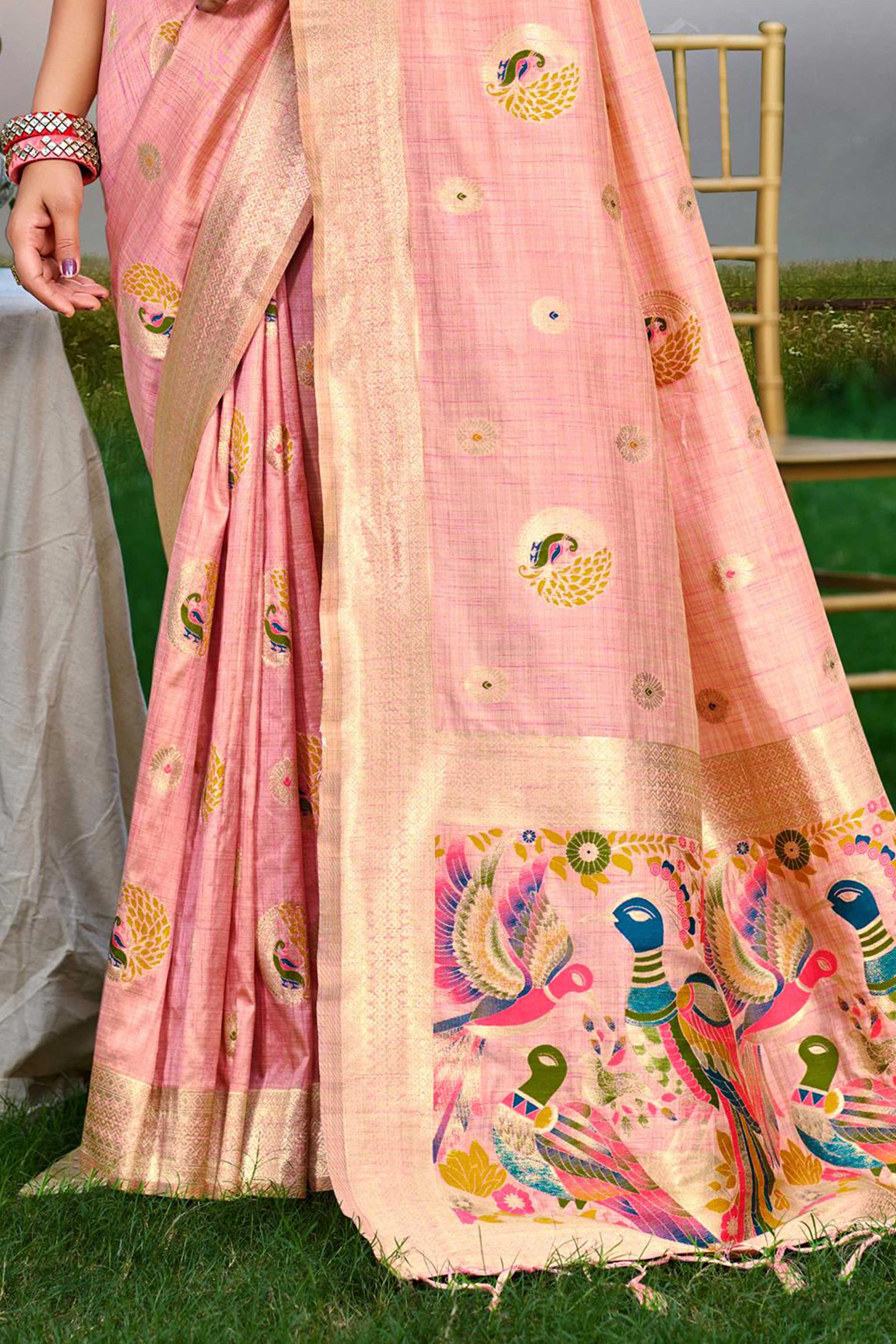 Designer Peach Assam Silk Blend Saree Adorned With Peacock Zari Weaving & Tassel Pallu