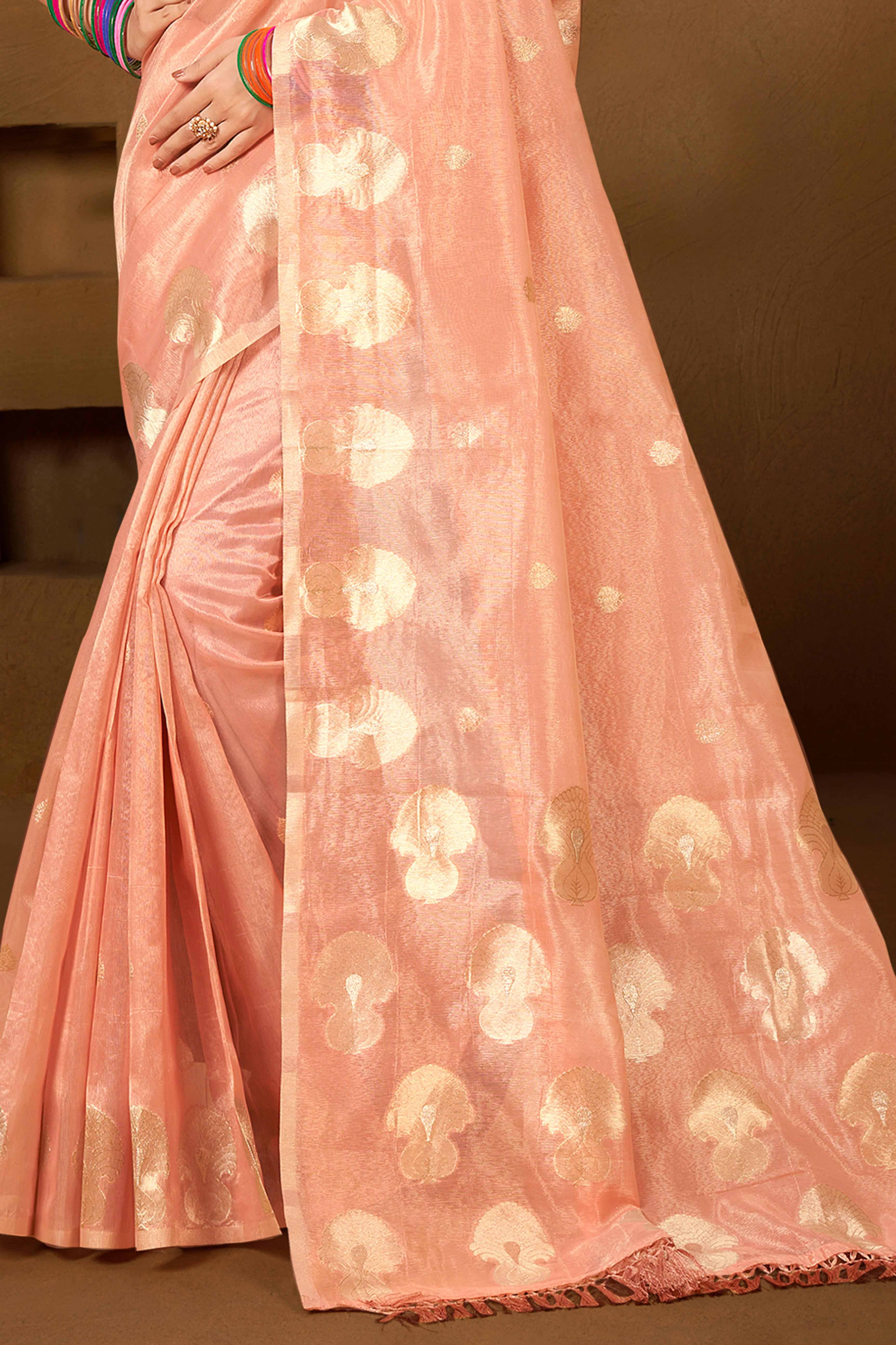 Peach Saree in Munga Kota Doria with Traditional Zari Weaving