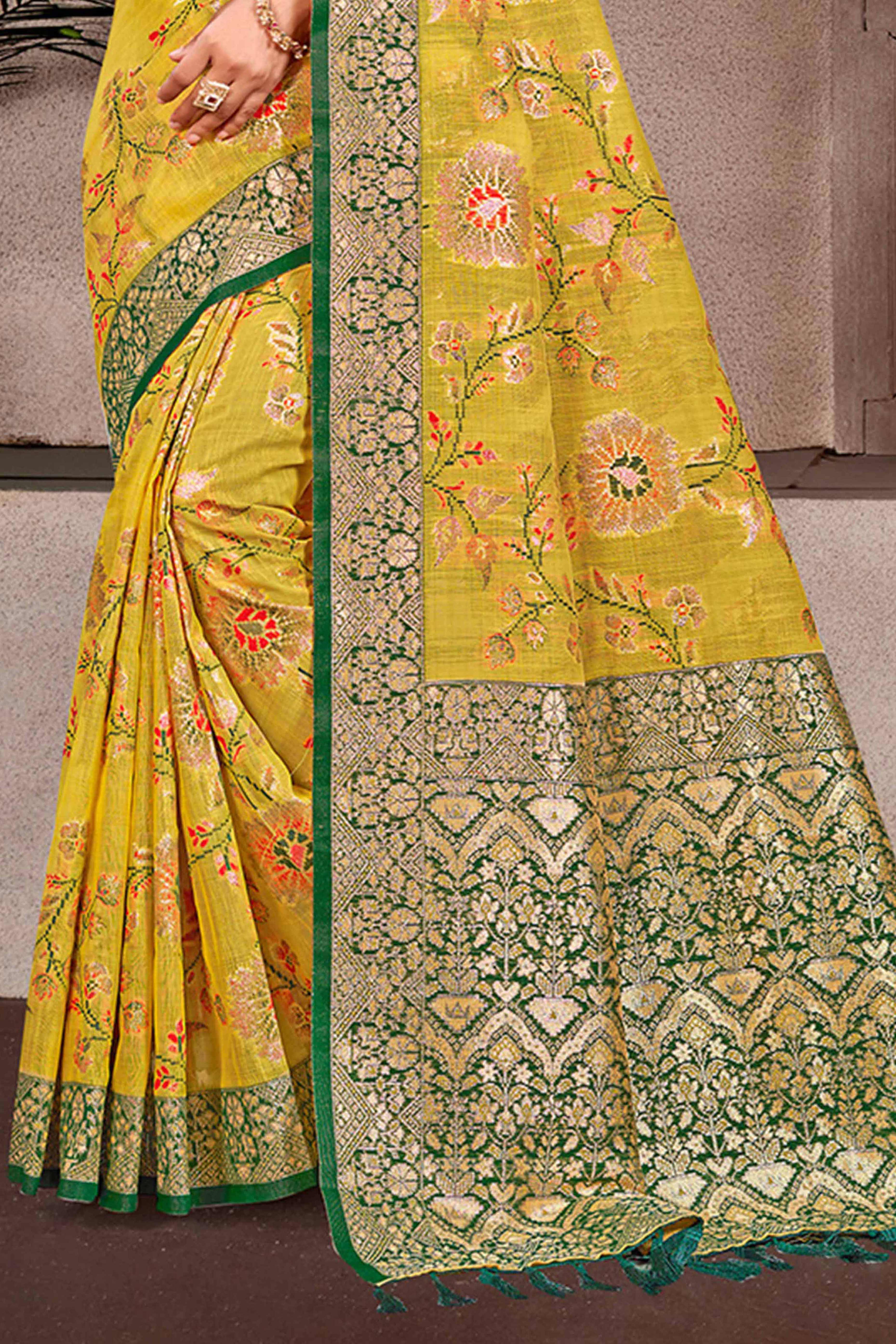 Opulent Mustard Floral Zari Motif Weaving Cotton Silk Saree With Elegant Tassel Pallu