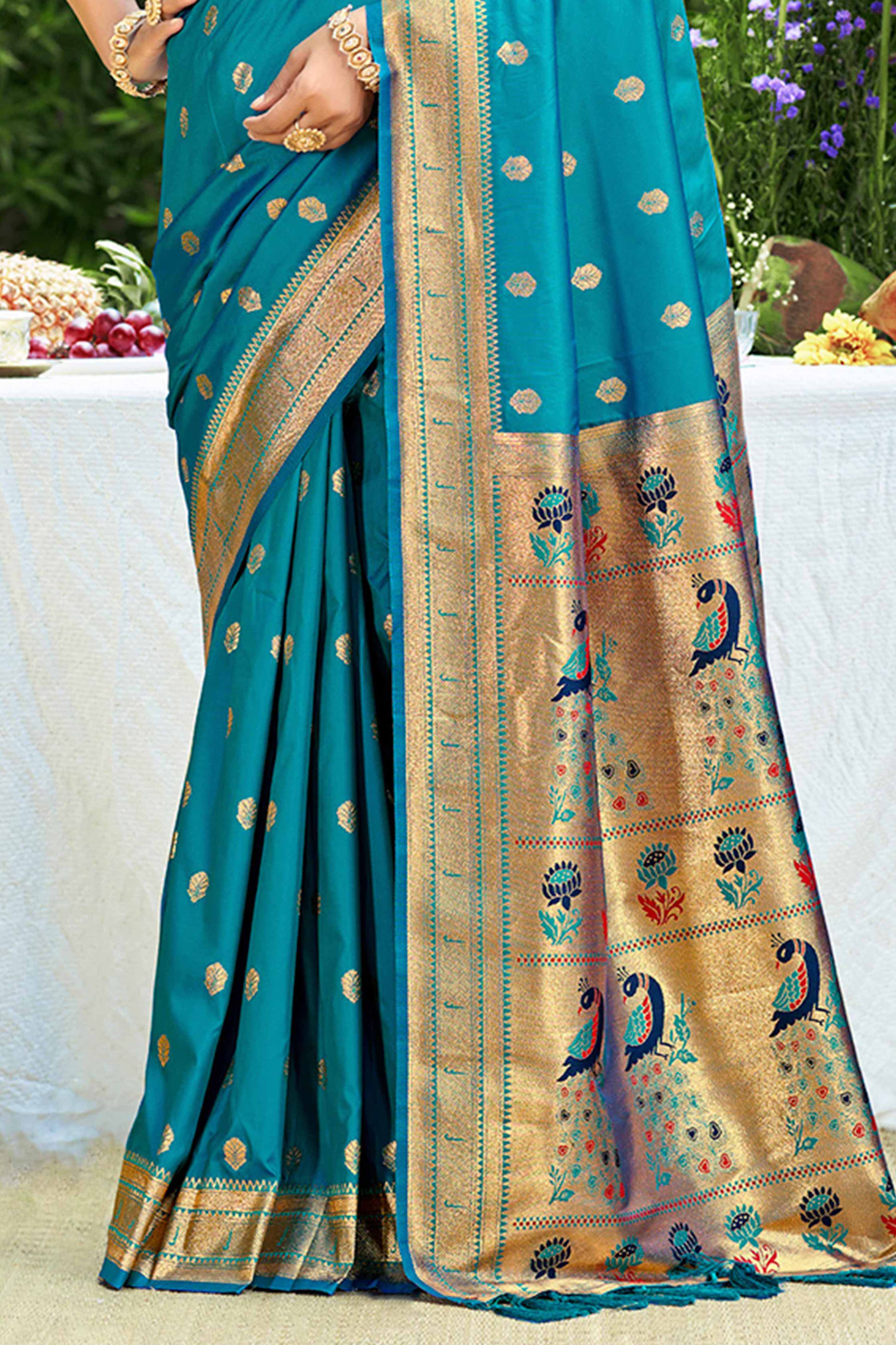Blue Zari Weaving Silk Blend Saree Adorned With Intricate Peacock Motif Pallu & Graceful Tassel