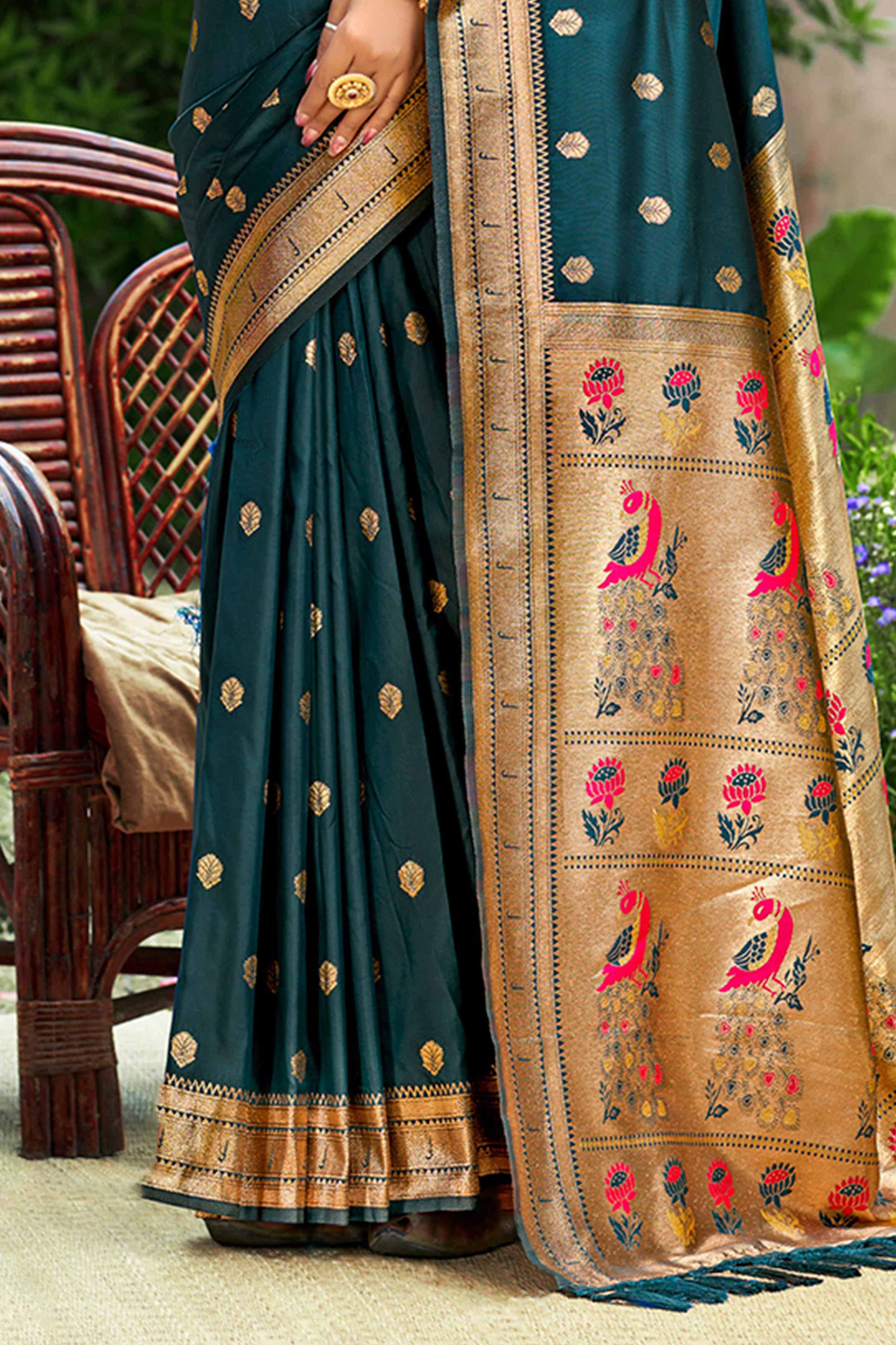 Dark Morpich Blue Zari Weaving Silk Blend Saree Adorned With Peacock Motif Pallu & Graceful Tassel