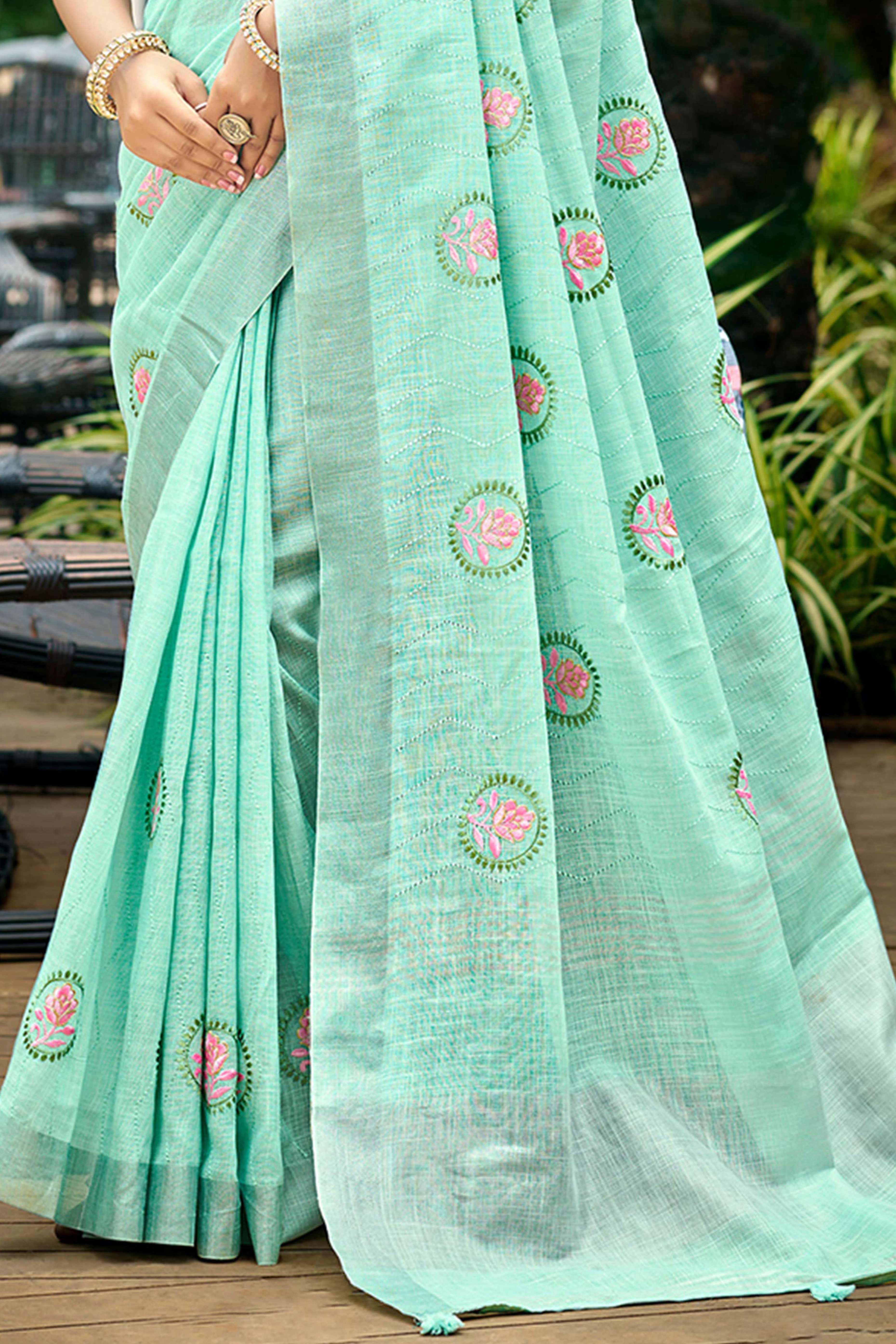 Premium Turquoise Floral Embroidered Linen Saree With Striped Pattern Tassel Pallu