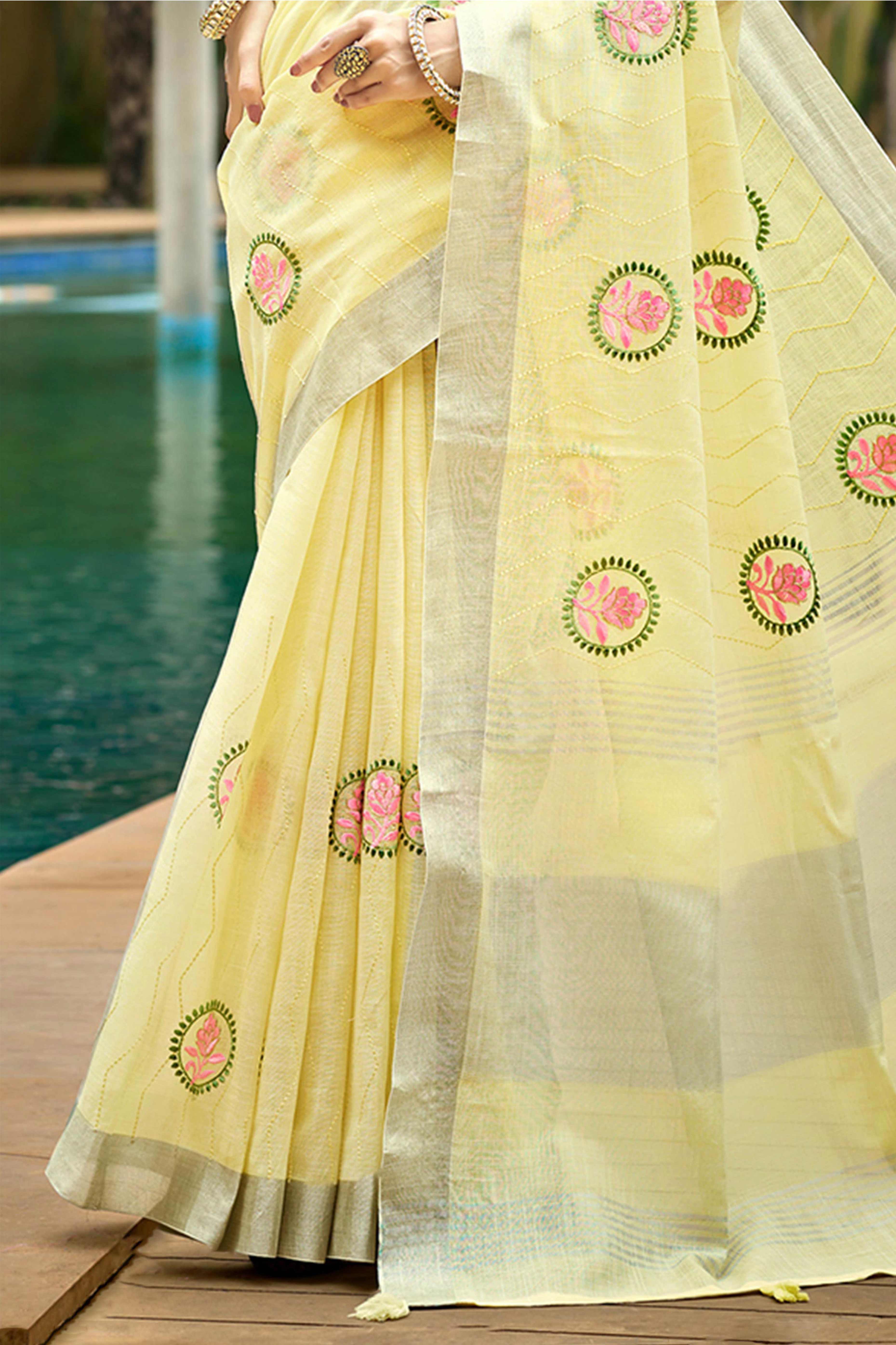 Premium Yellow Floral Embroidered Linen Saree With Striped Pattern Tassel Pallu