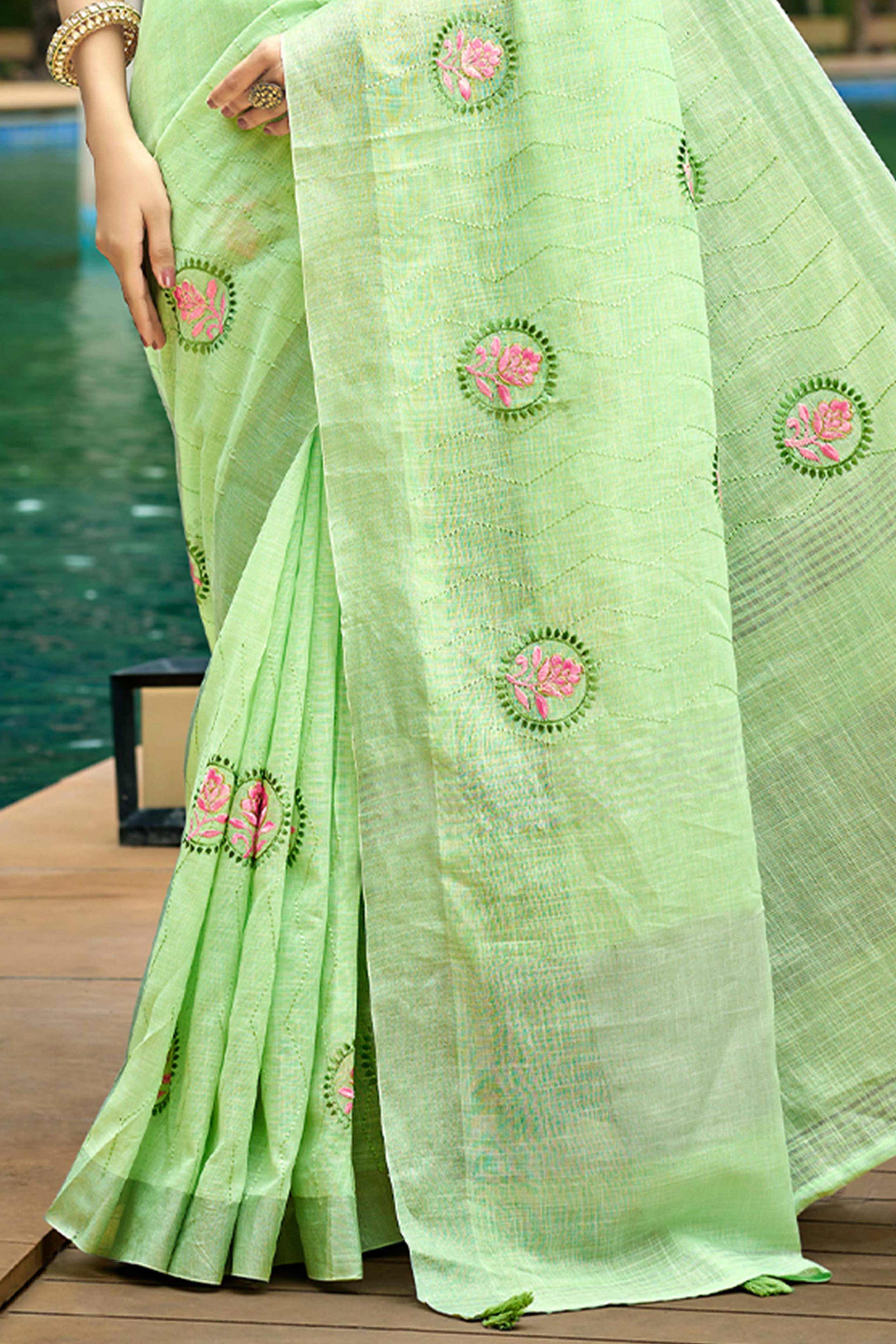 Premium Green Floral Embroidered Linen Saree With Striped Pattern Tassel Pallu