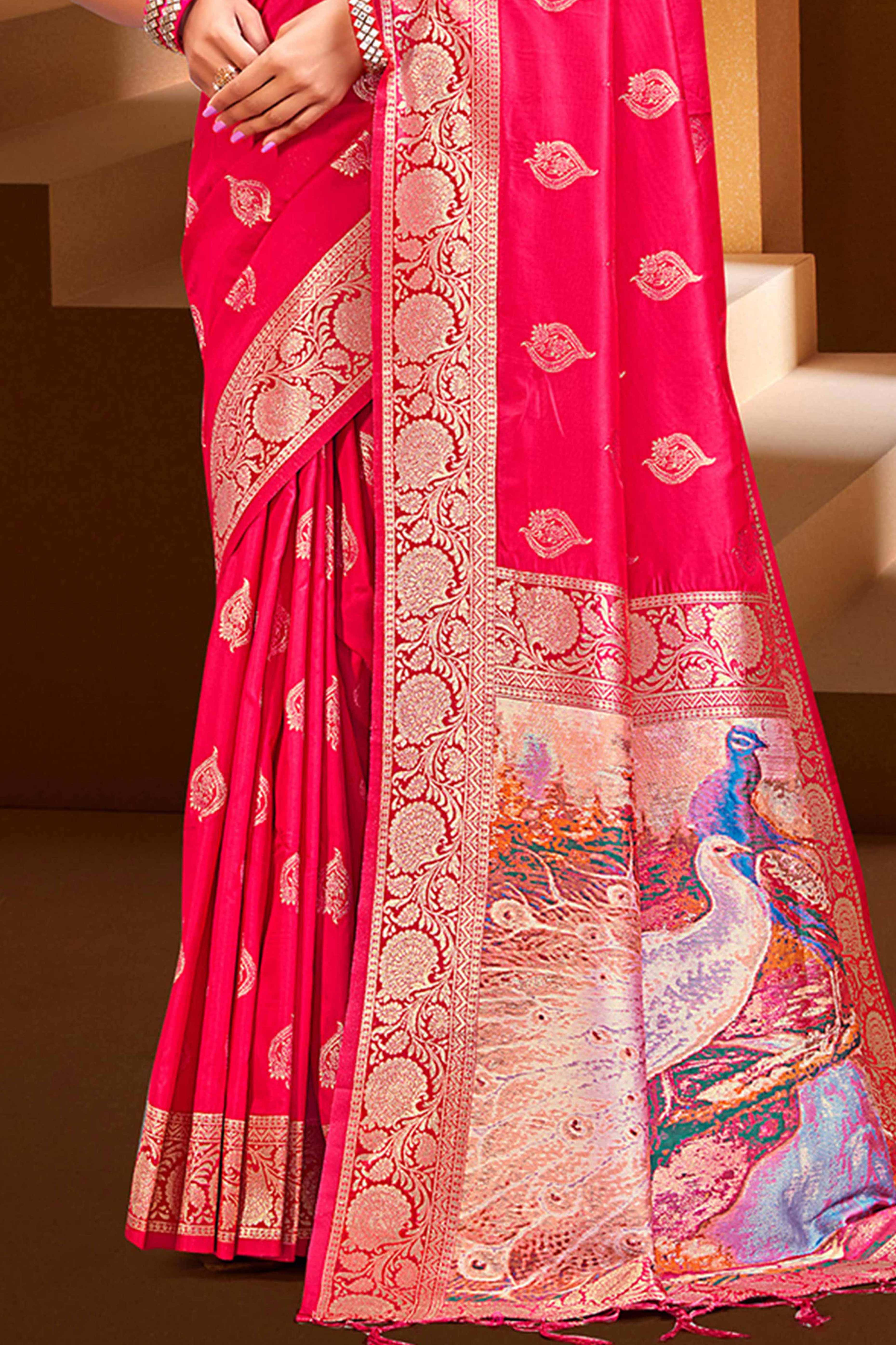 Luxury Pink Floral Weaving Silk Blend Saree Finished With A Digital Peacock Printed Pallu