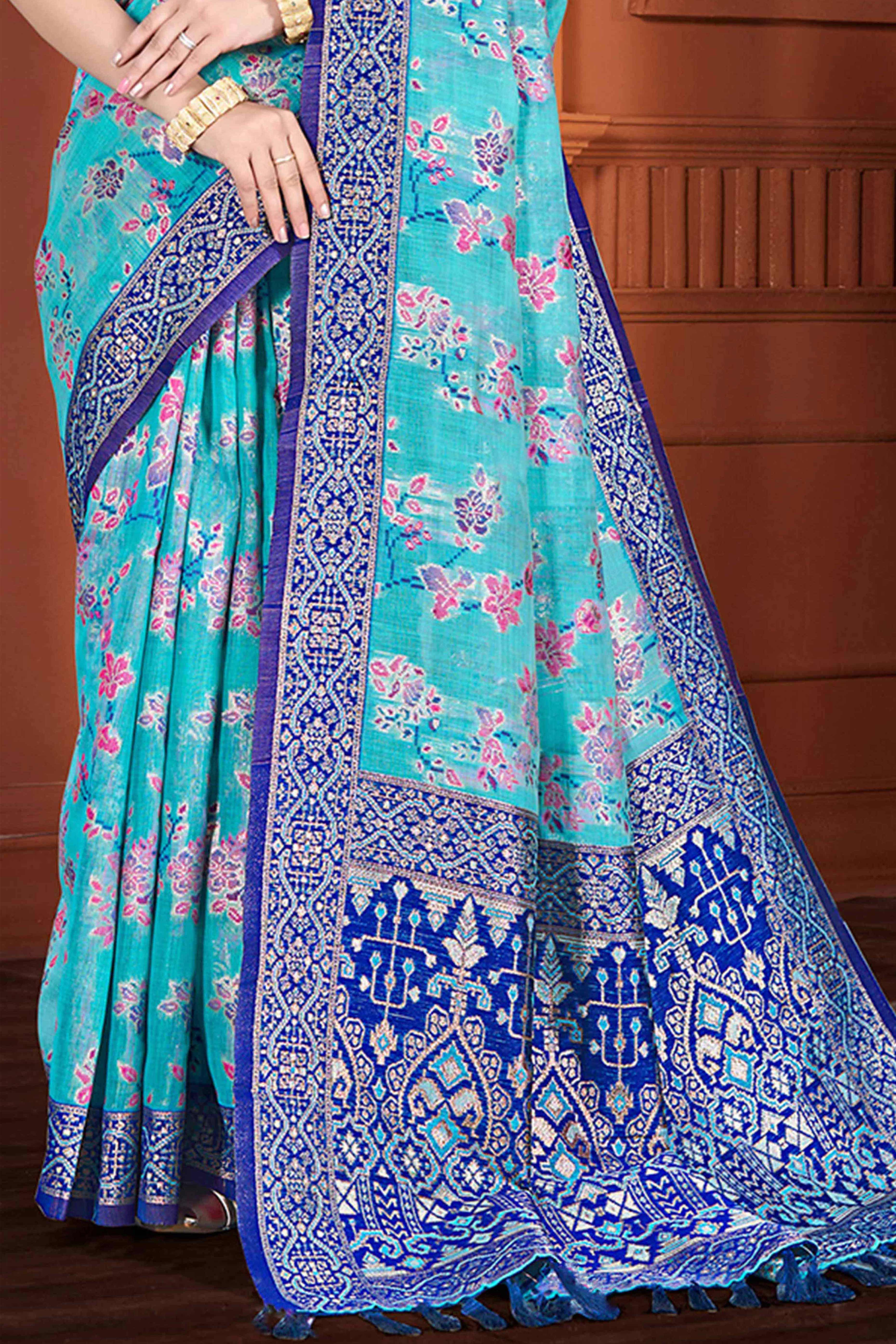 Stunning Blue Floral Zari Weaving Cotton Silk Meena Saree With Tassel Pallu