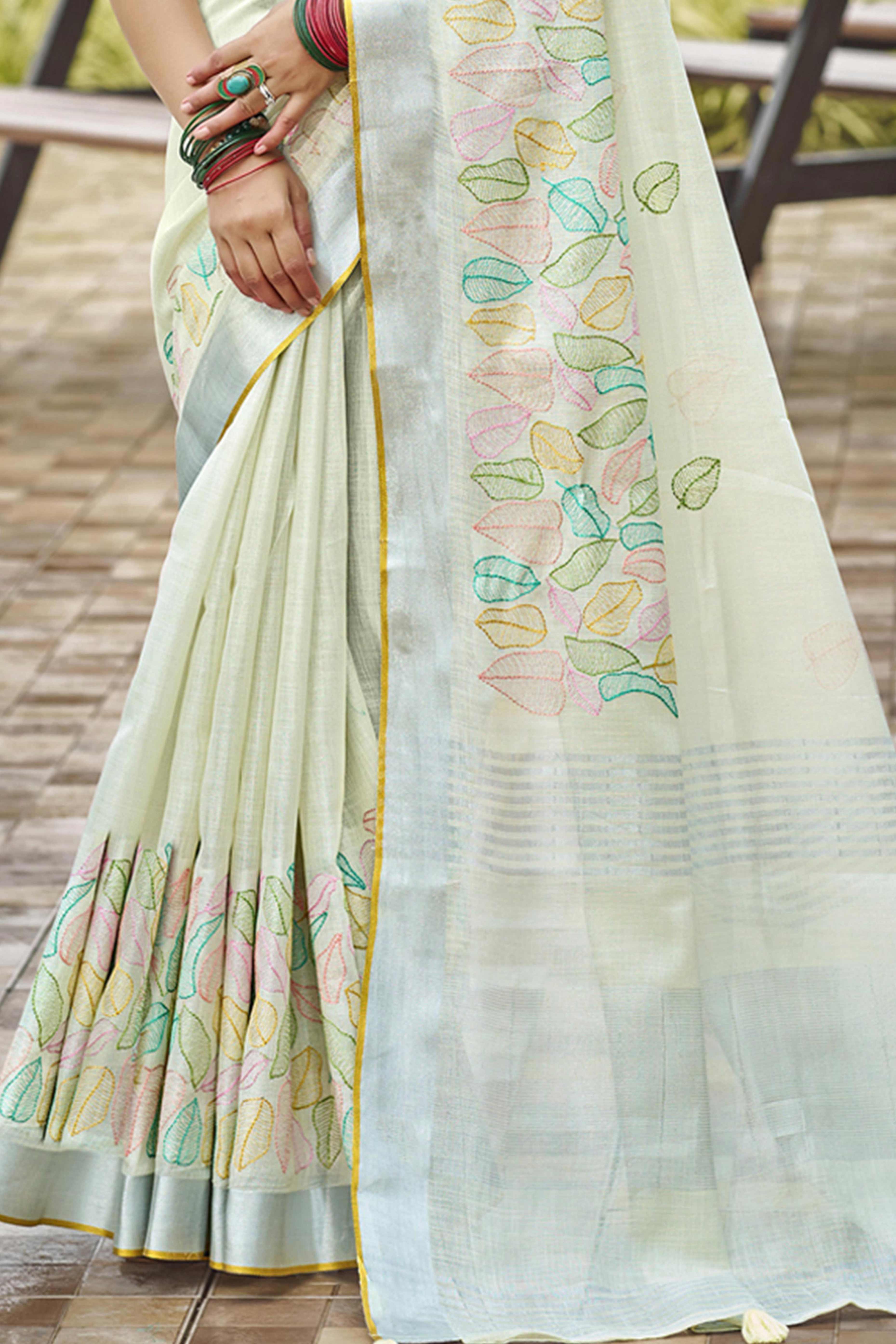 Classic Offwhite Leaf Pattern Thread Embroidery Work Linen Saree With Tassel Pallu