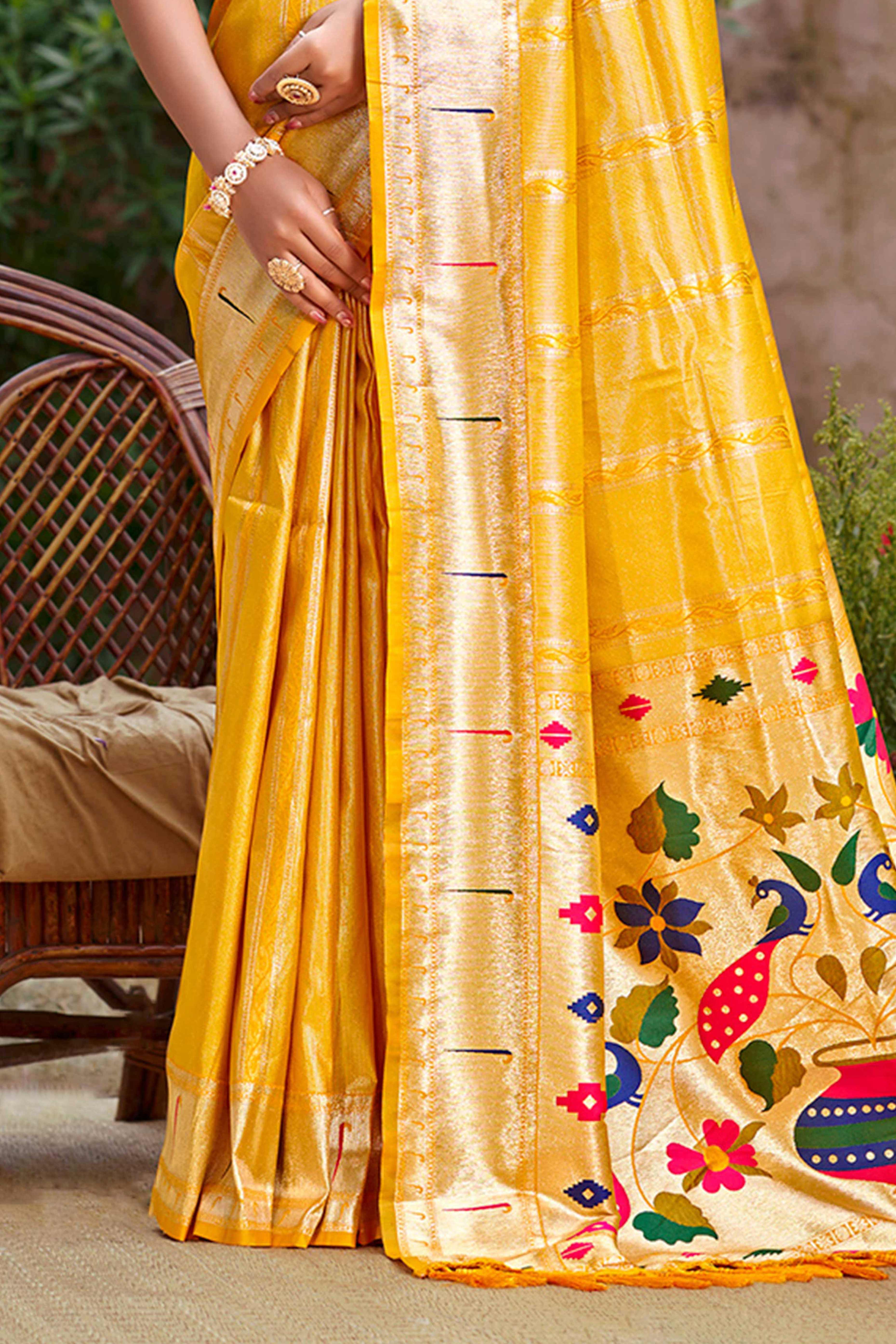 Yellow Designer Weaving Silk Blend Saree Accented With Graceful Peacock & Floral Motif Pallu