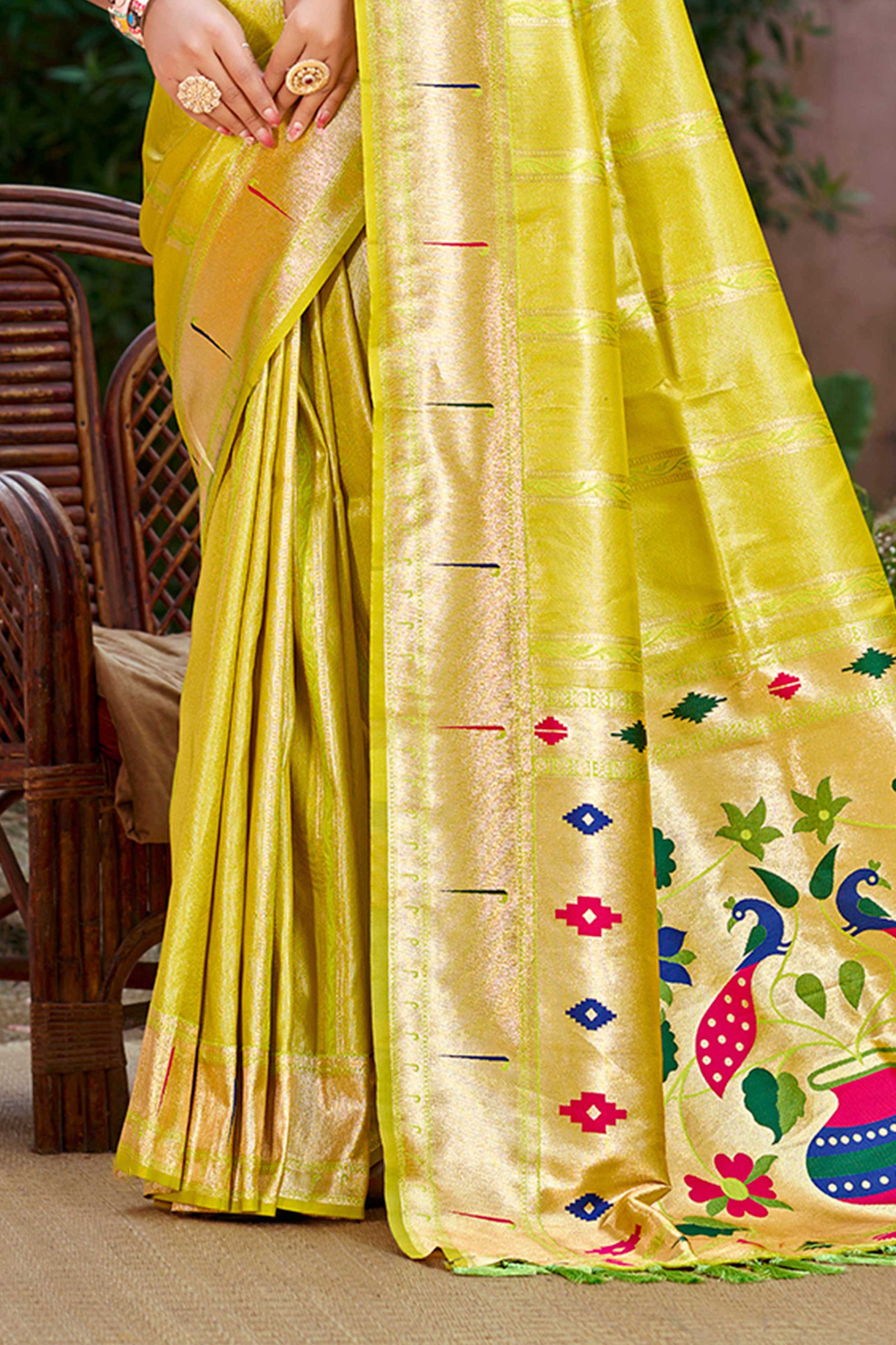 Lemon Green Designer Weaving Silk Blend Saree Accented With Graceful Peacock & Floral Motif Pallu