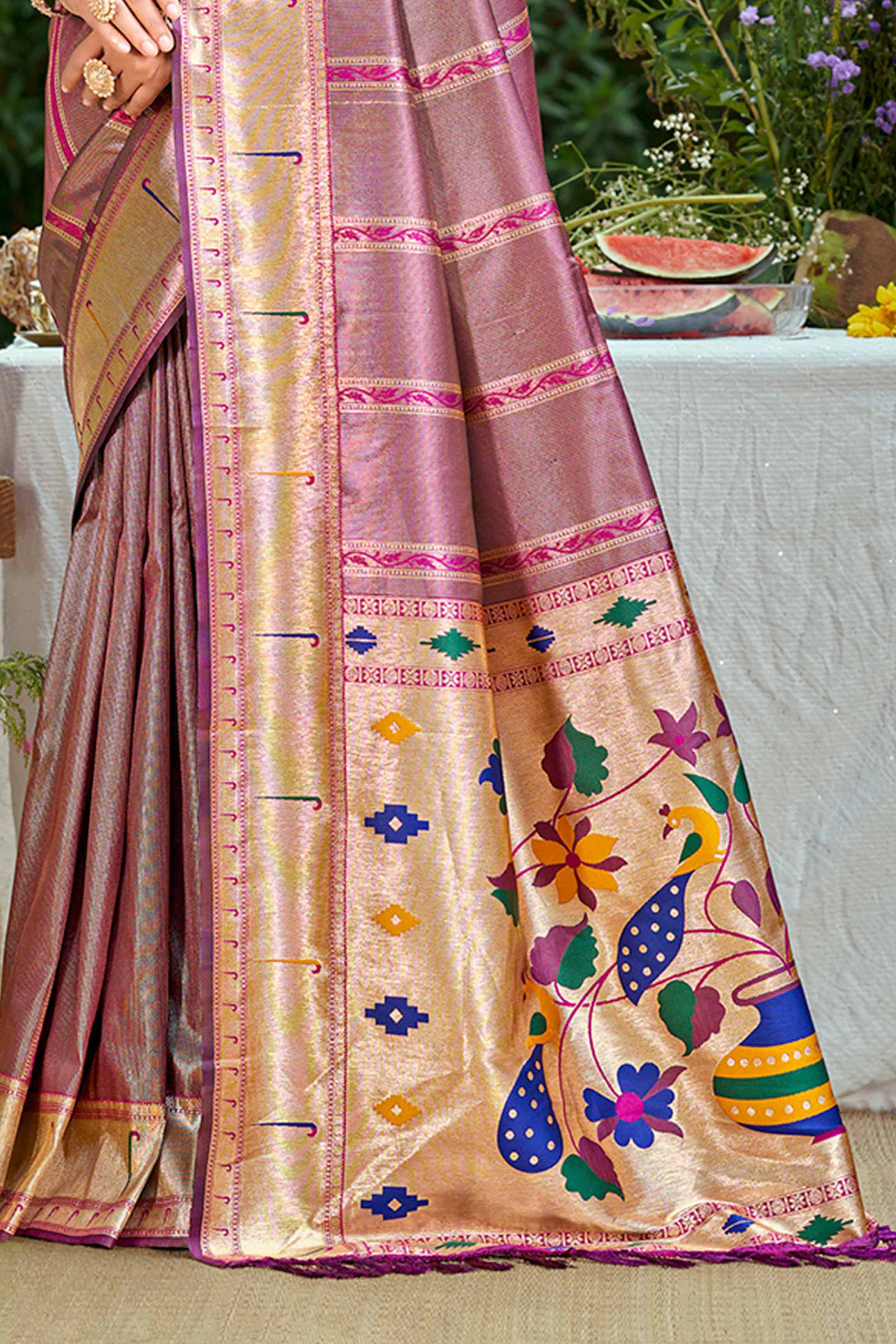Purple Designer Weaving Silk Blend Saree Accented With Graceful Peacock & Floral Motif Pallu