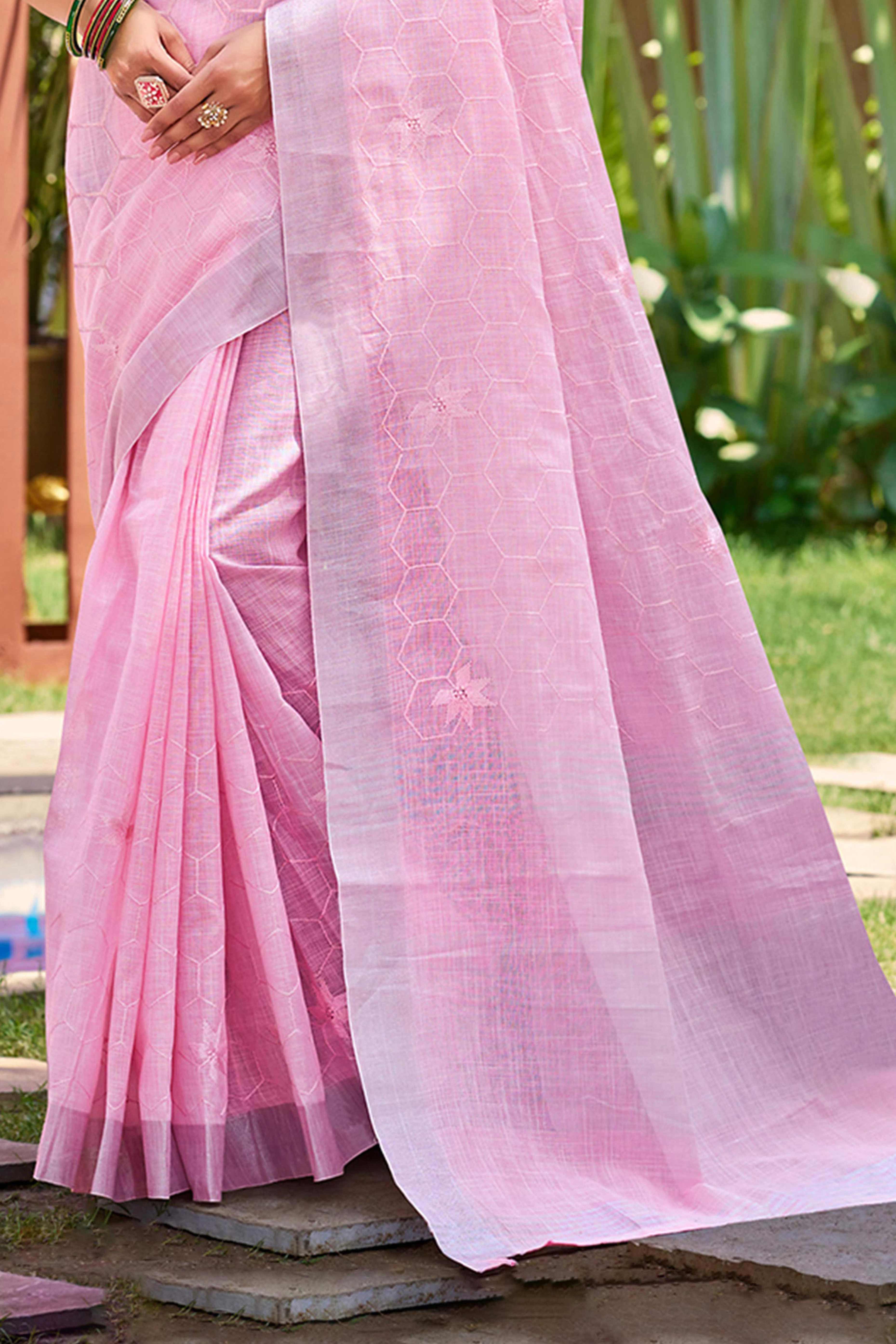 Pink Classic Linen Saree Enhanced With Fine Geometric Embroidery Work & Tassel Pallu