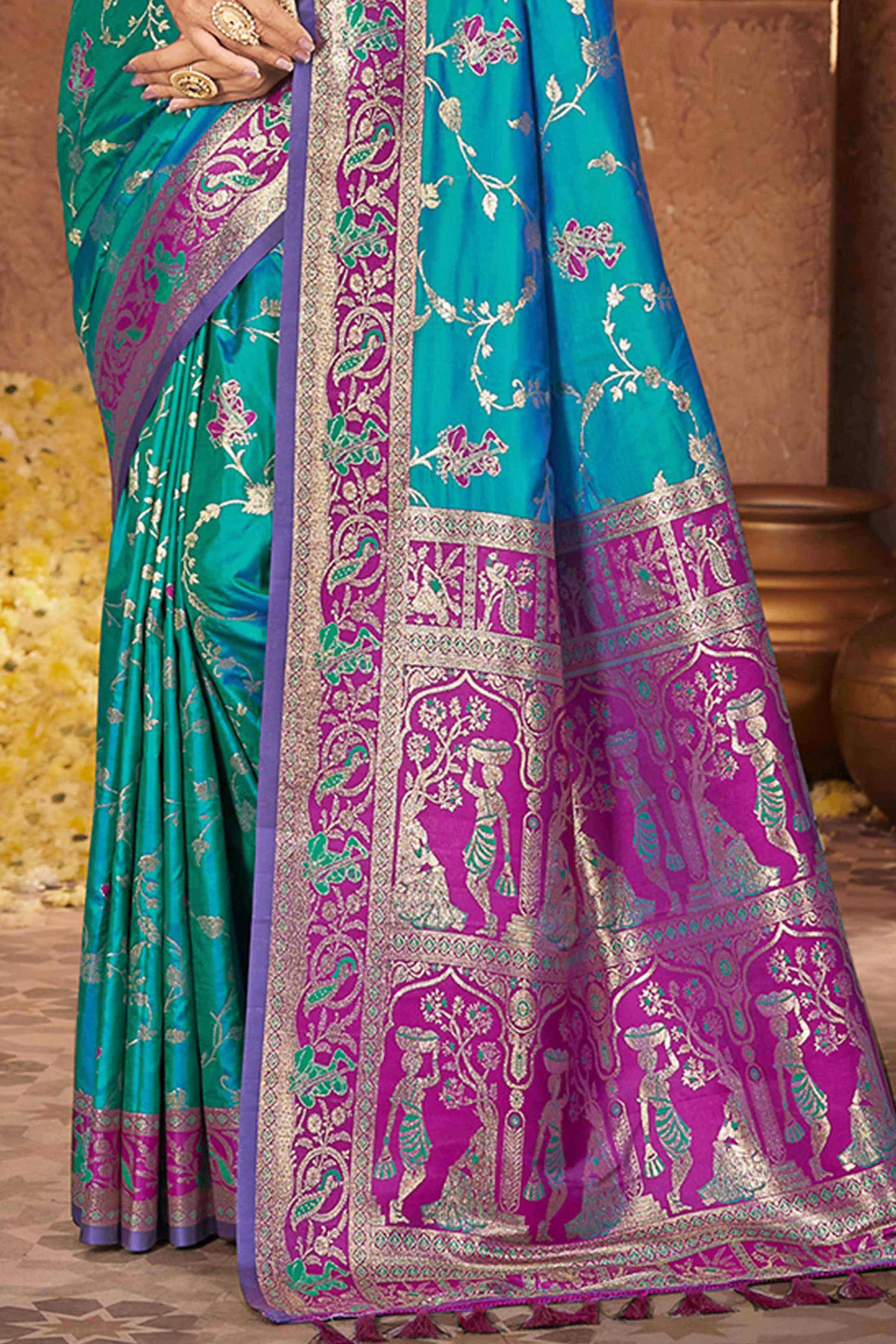 Radiant Rama Blue Floral Zari Weaving Silk Blend Saree With Tassel Pallu
