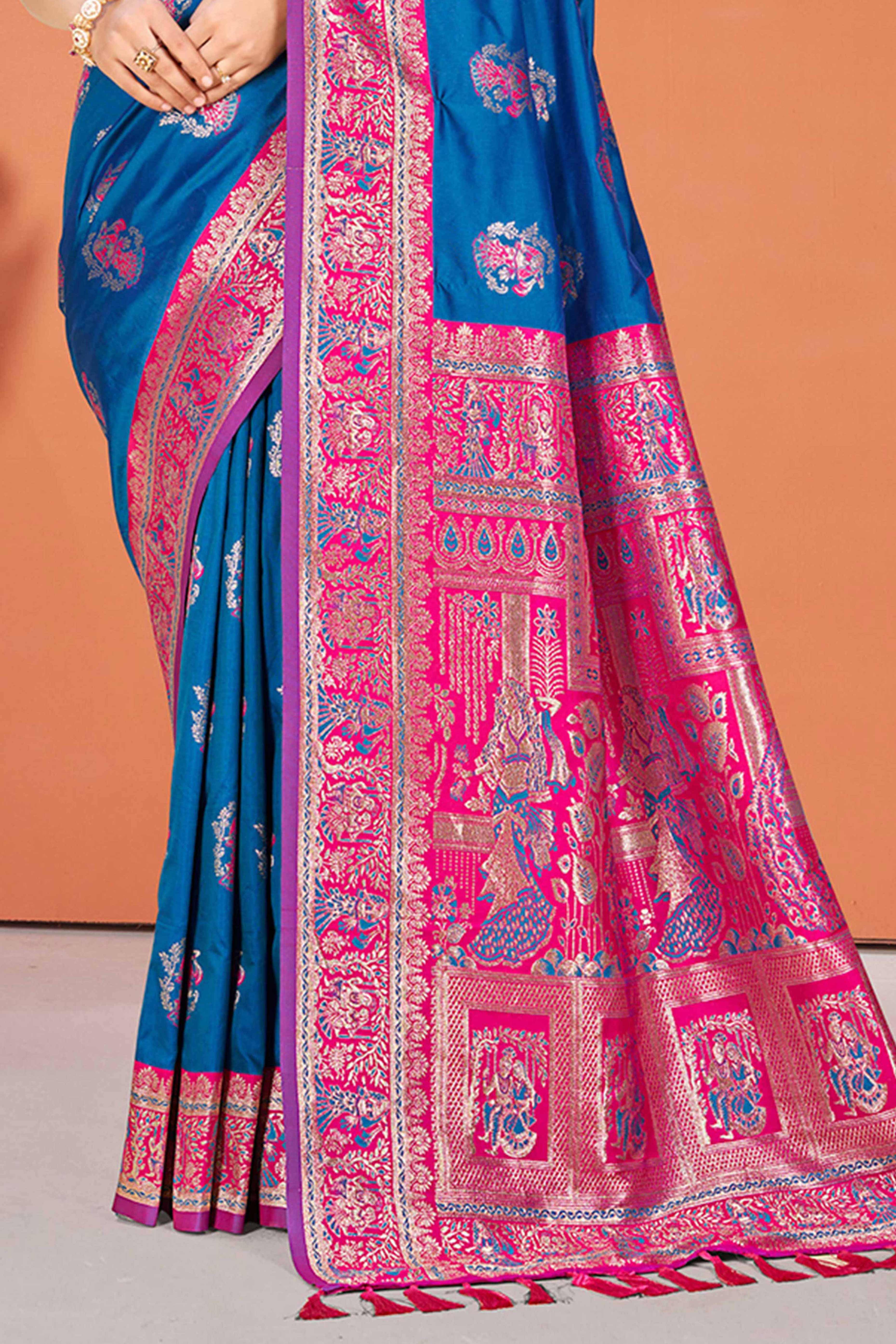 Blue Traditional Zari Weaving Silk Blend Saree Accented With Tassel Pallu