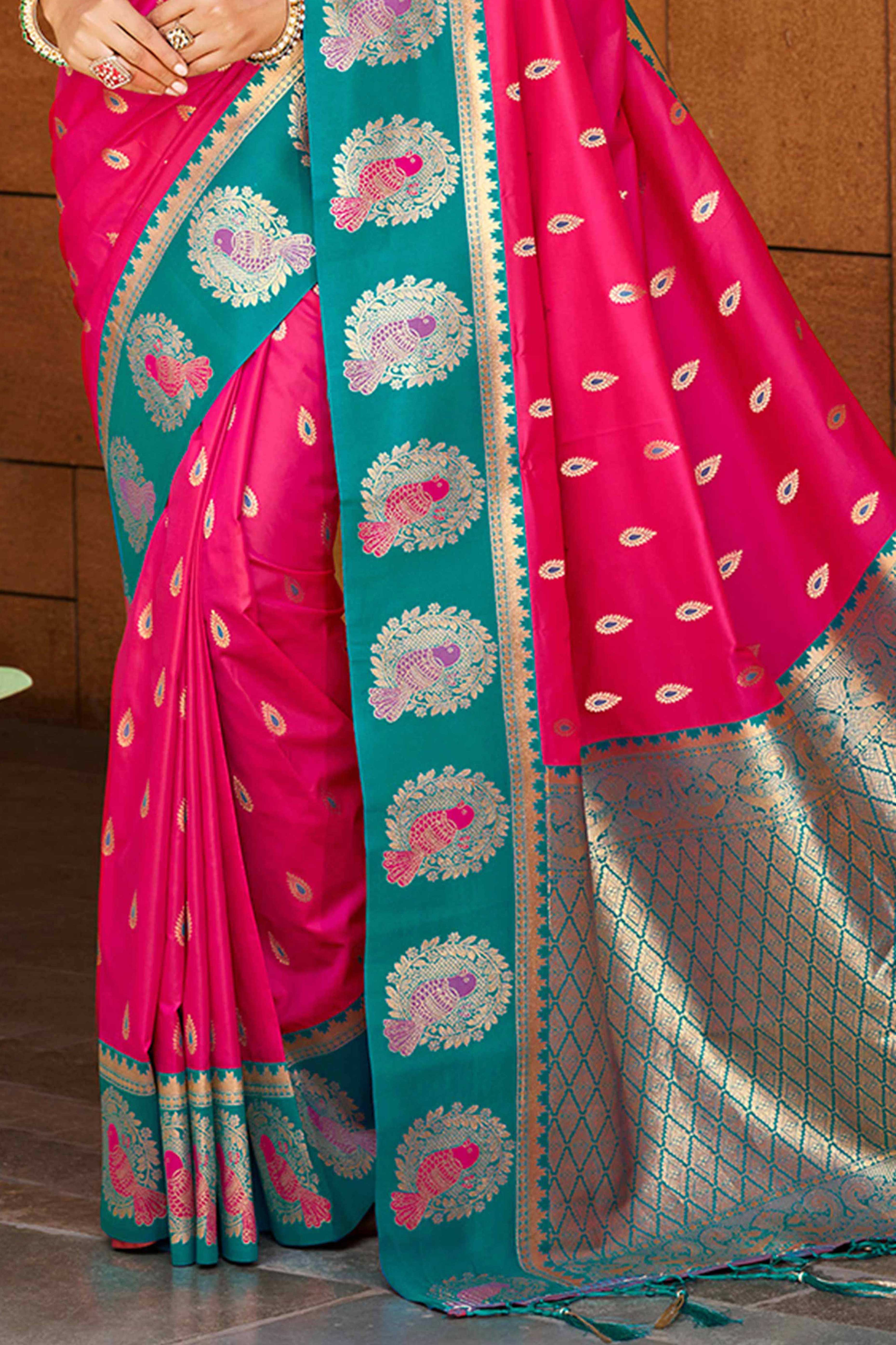 Stunning Rani Pink Floral Weaving Silk Blend Saree With Birds Design Border & Tassel Pallu