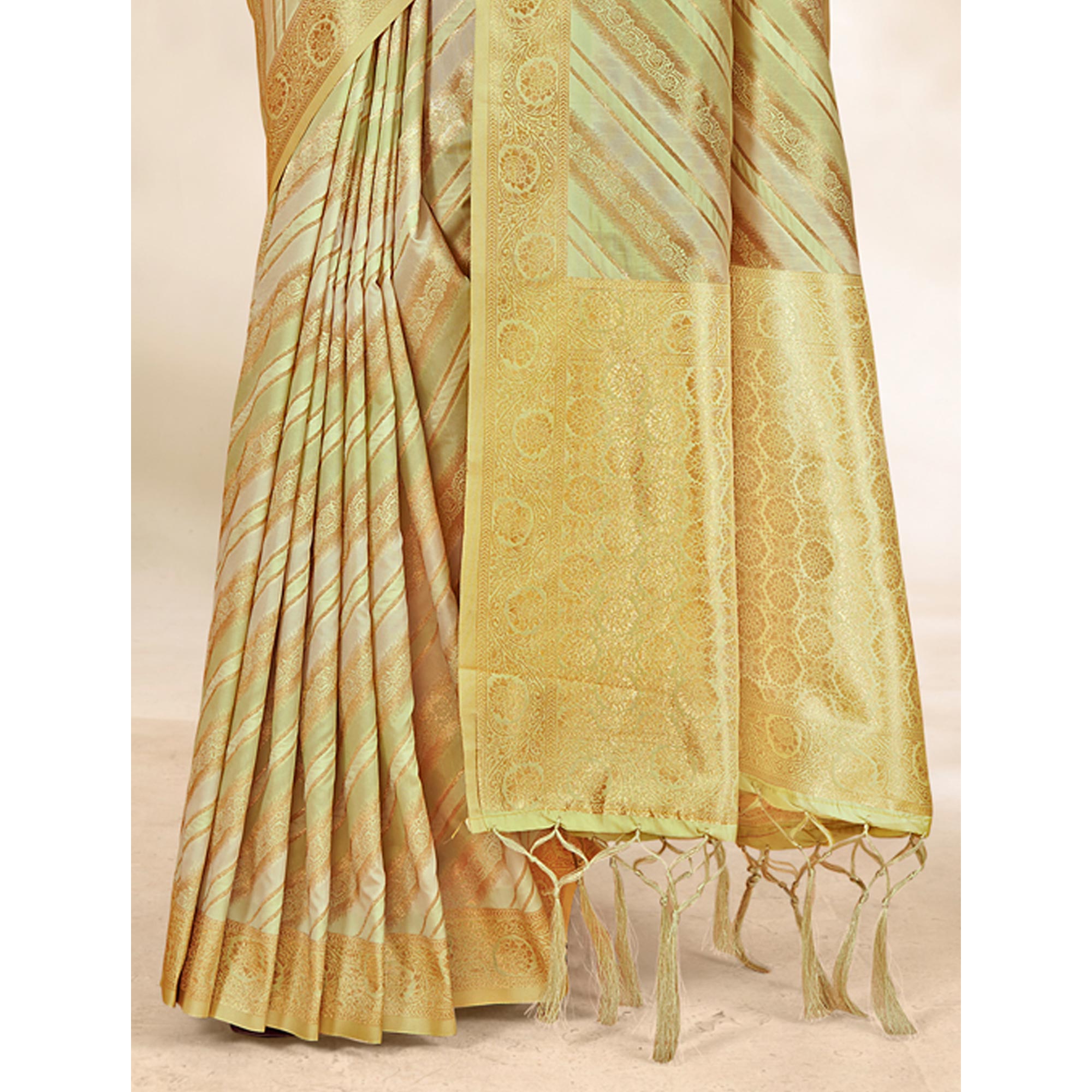 Light Green Woven Cotton Silk Saree With Tassels