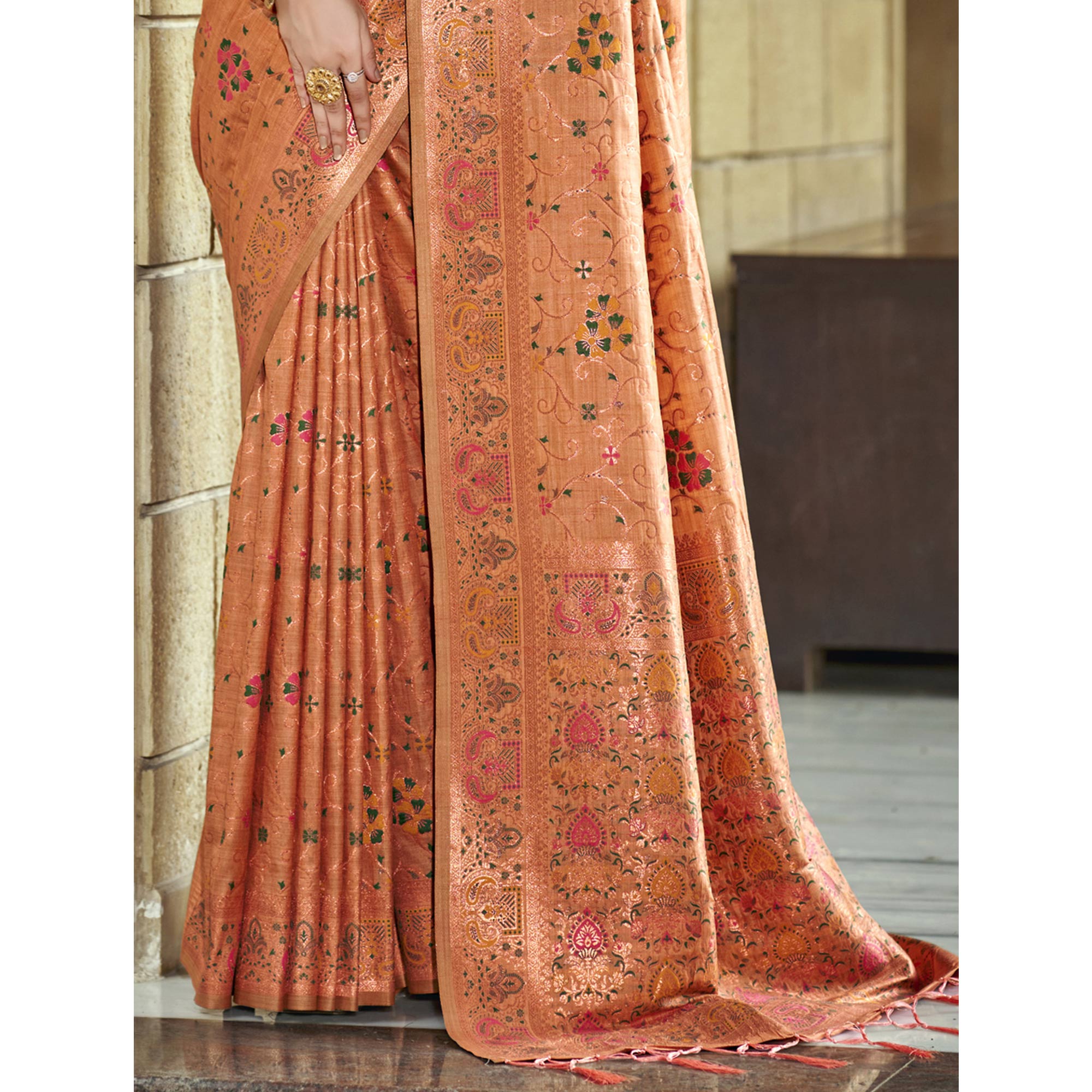 Peach Floral Zari Woven Cotton Silk Saree