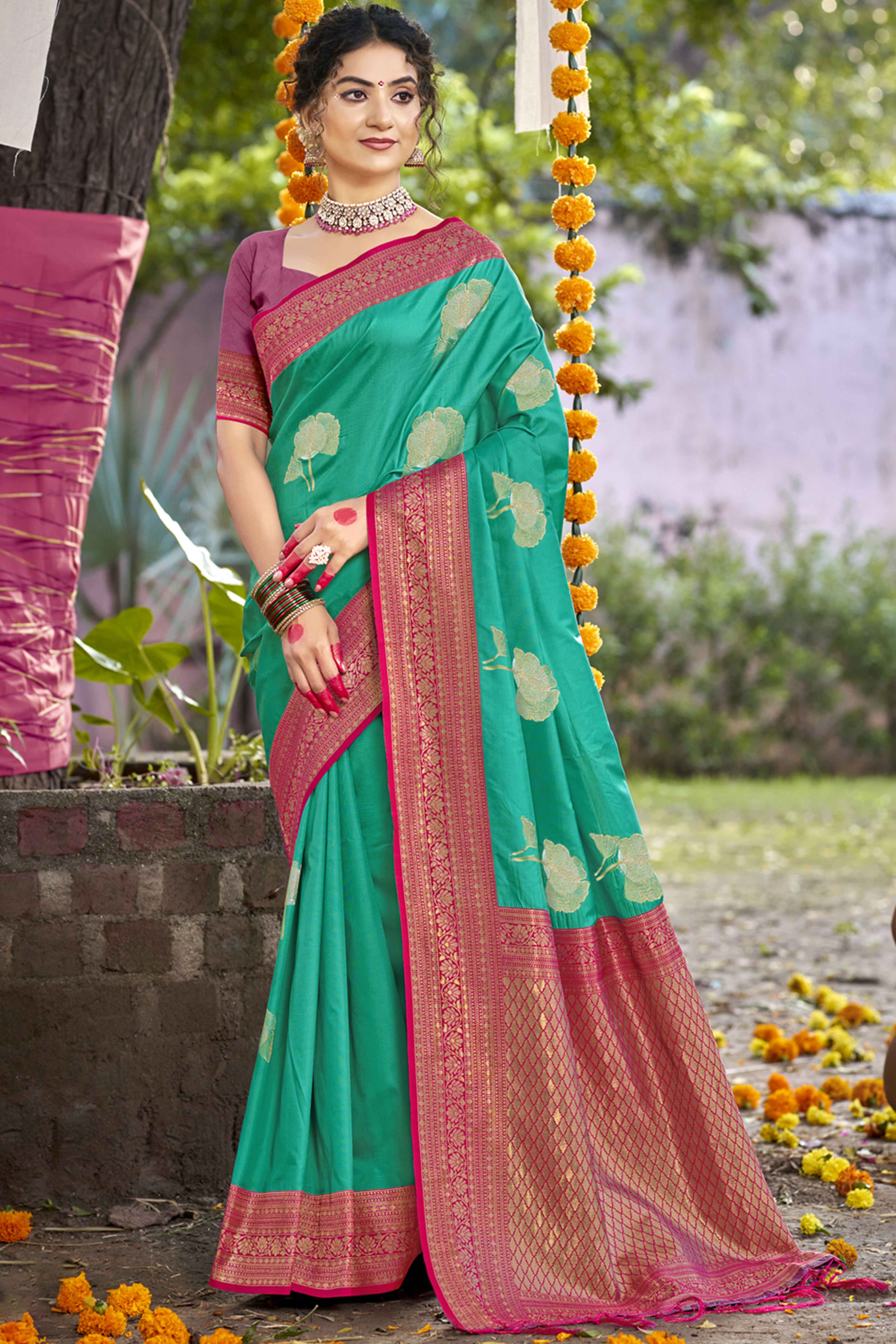 Rama Green Floral Woven Banarasi Silk Saree With Tassels