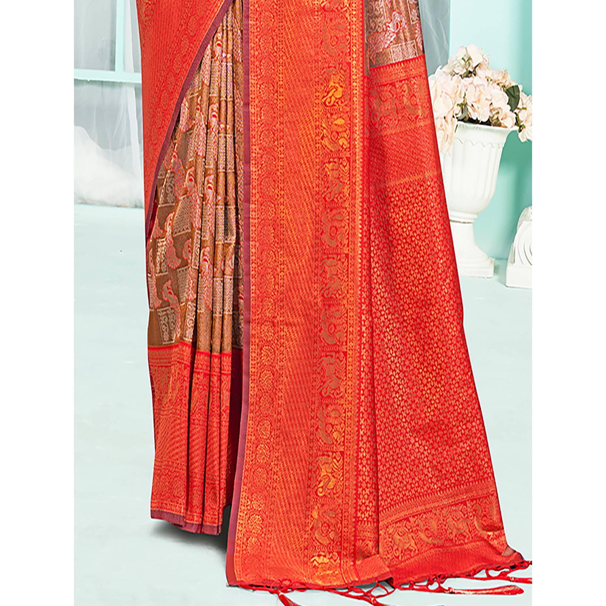 Brown & Red Woven Cotton Silk Saree With Tassels