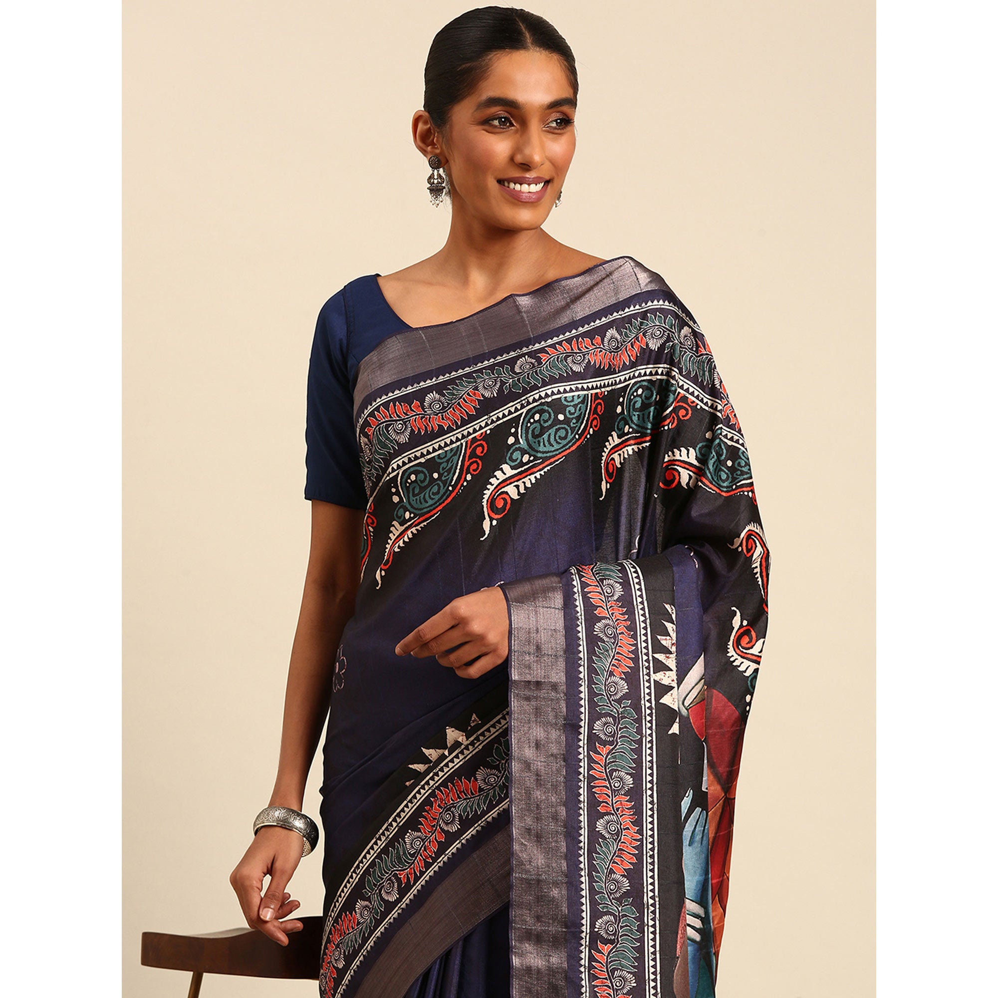 Navy Blue Digital Printed Cotton Blend Saree With Woven Border