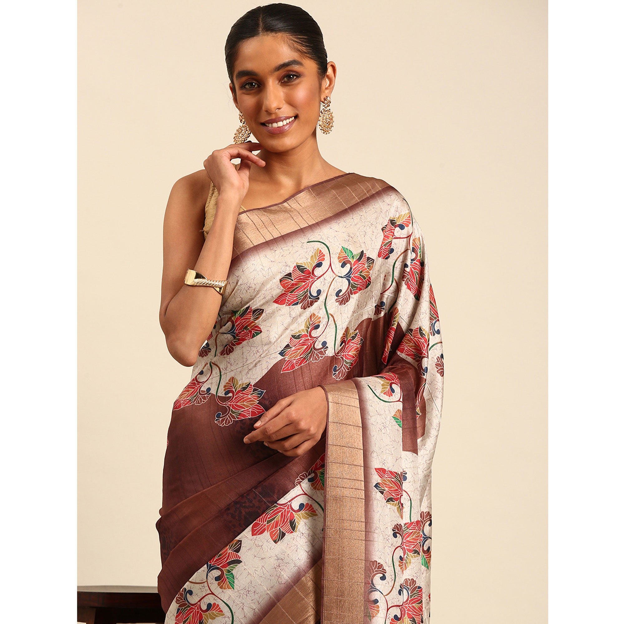 Cream & Brown Digital Printed Cotton Blend Saree With Woven Border