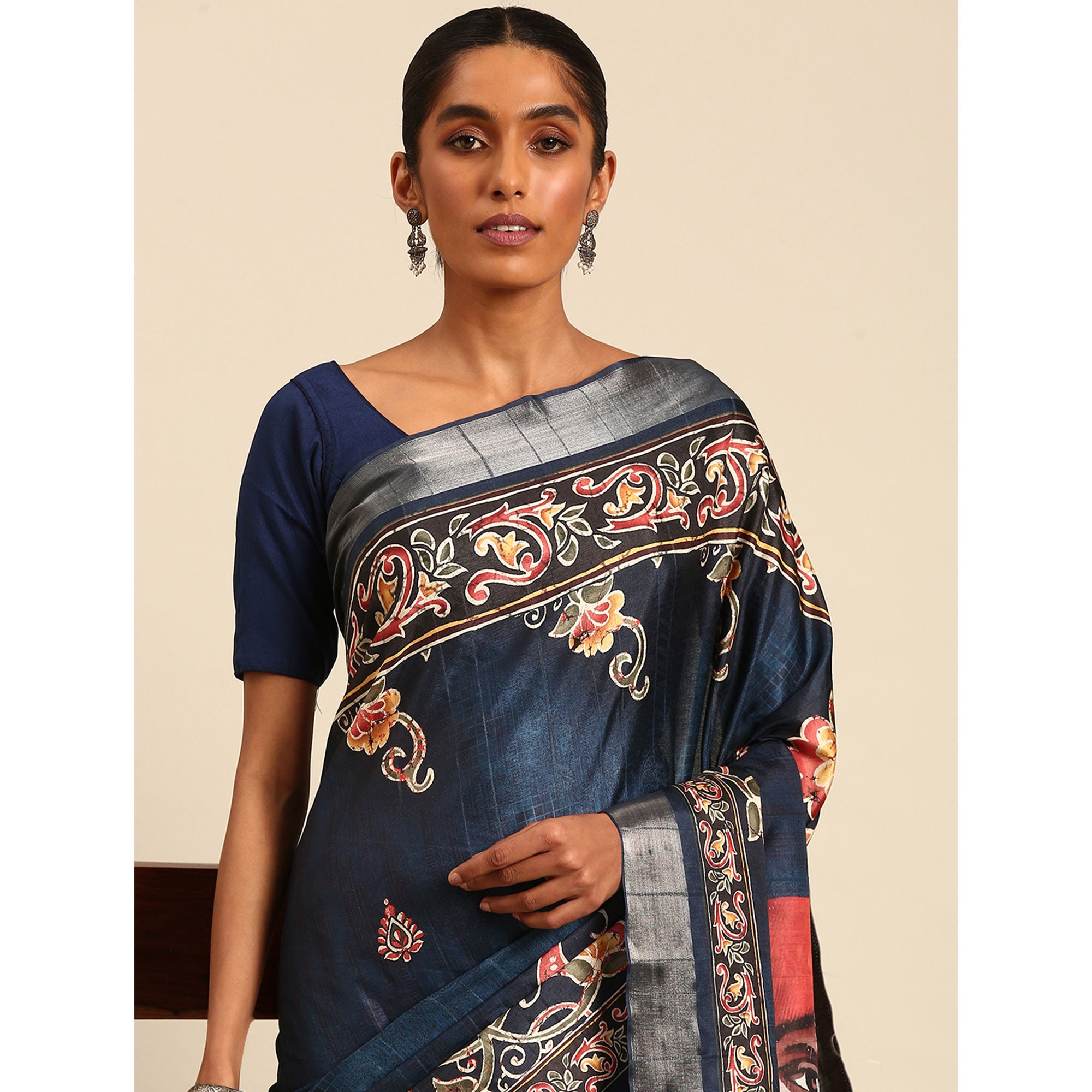 Blue Digital Printed Cotton Blend Saree With Woven Border