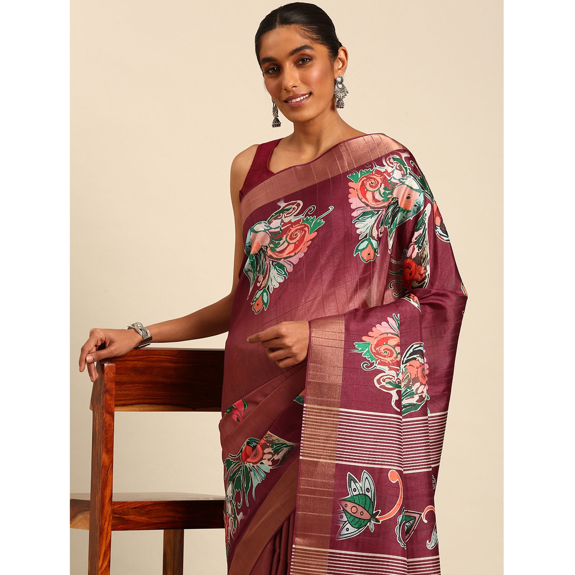 Maroon Digital Printed Cotton Blend Saree With Woven Border