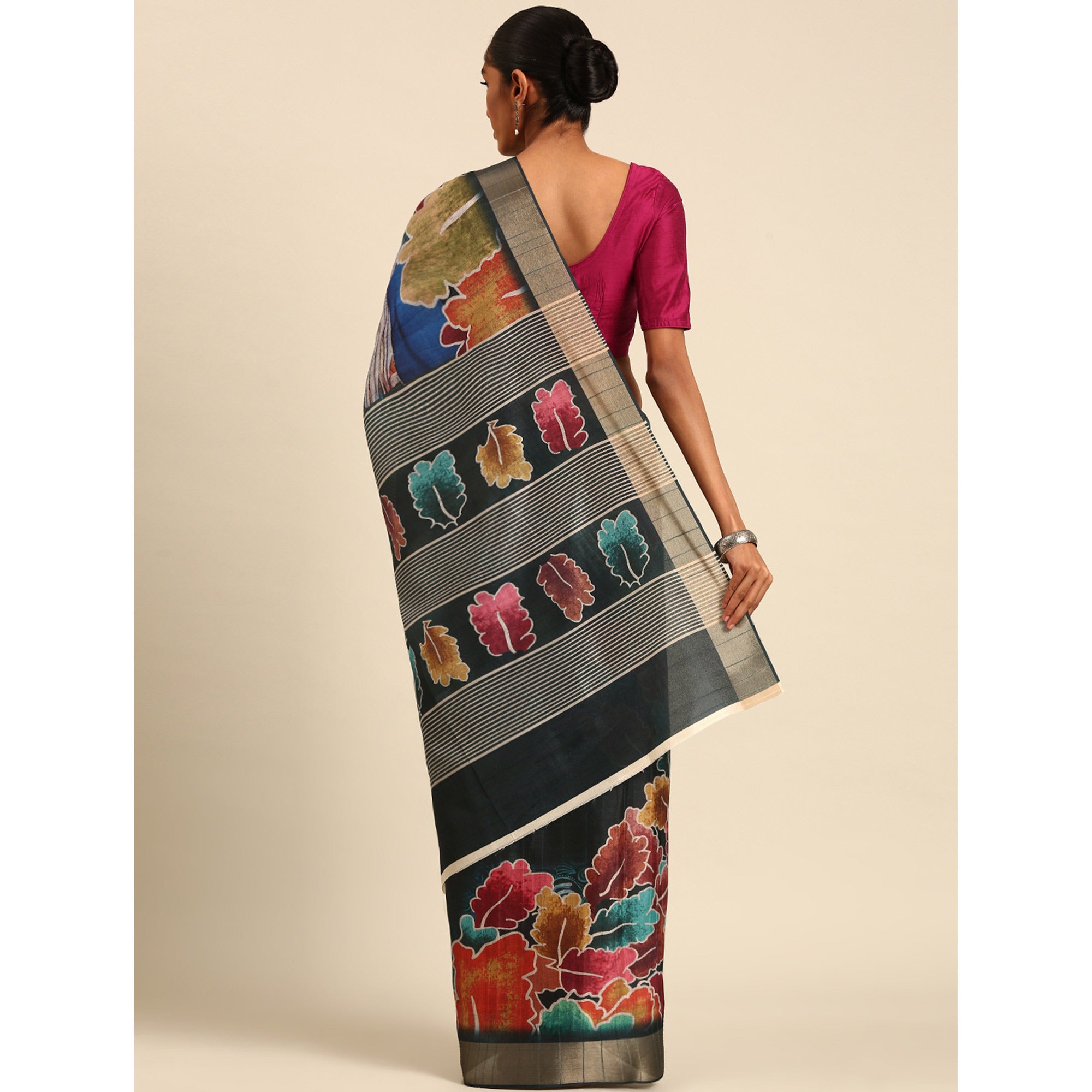 Teal Digital Printed Cotton Blend Saree With Woven Border