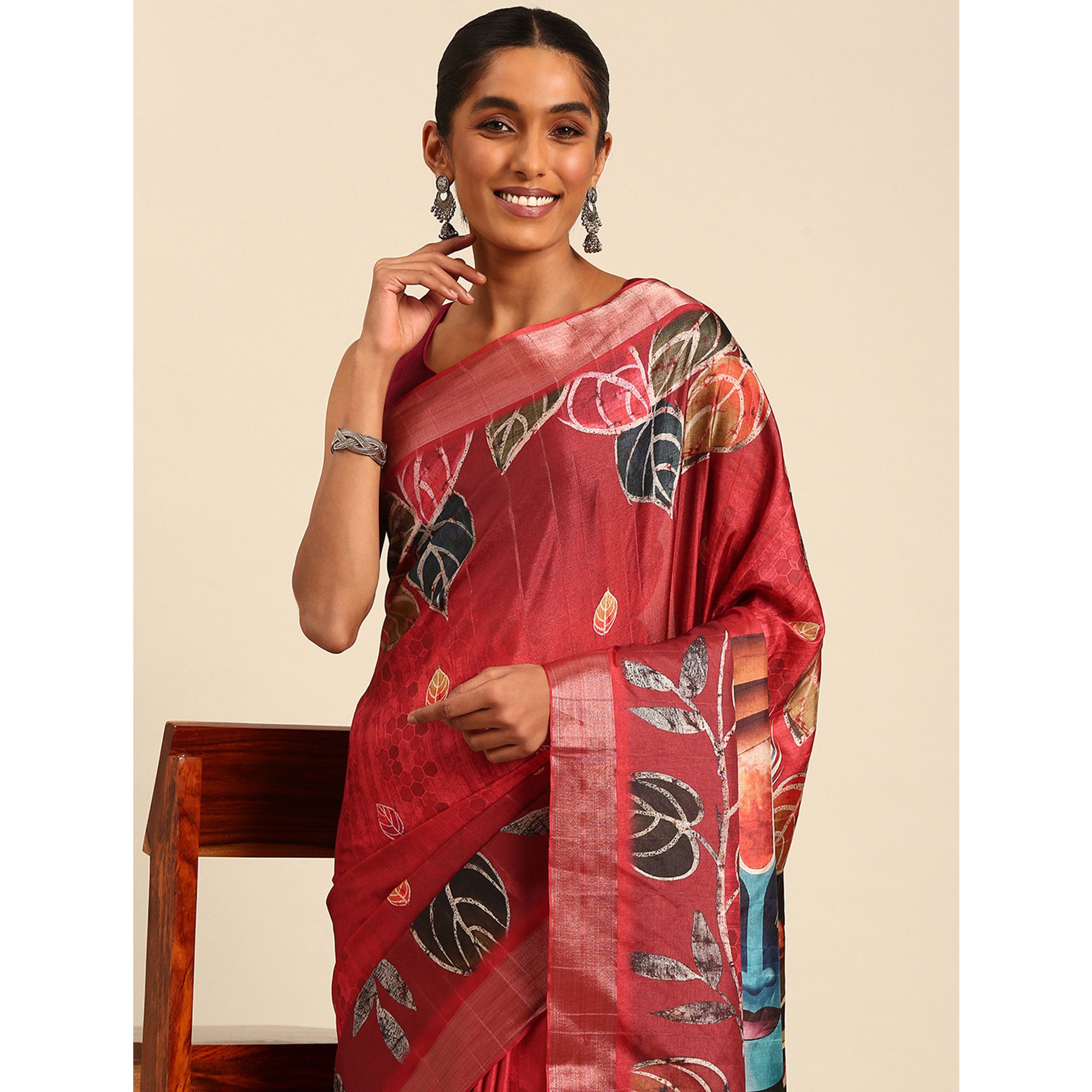 Red Digital Printed Cotton Blend Saree With Woven Border