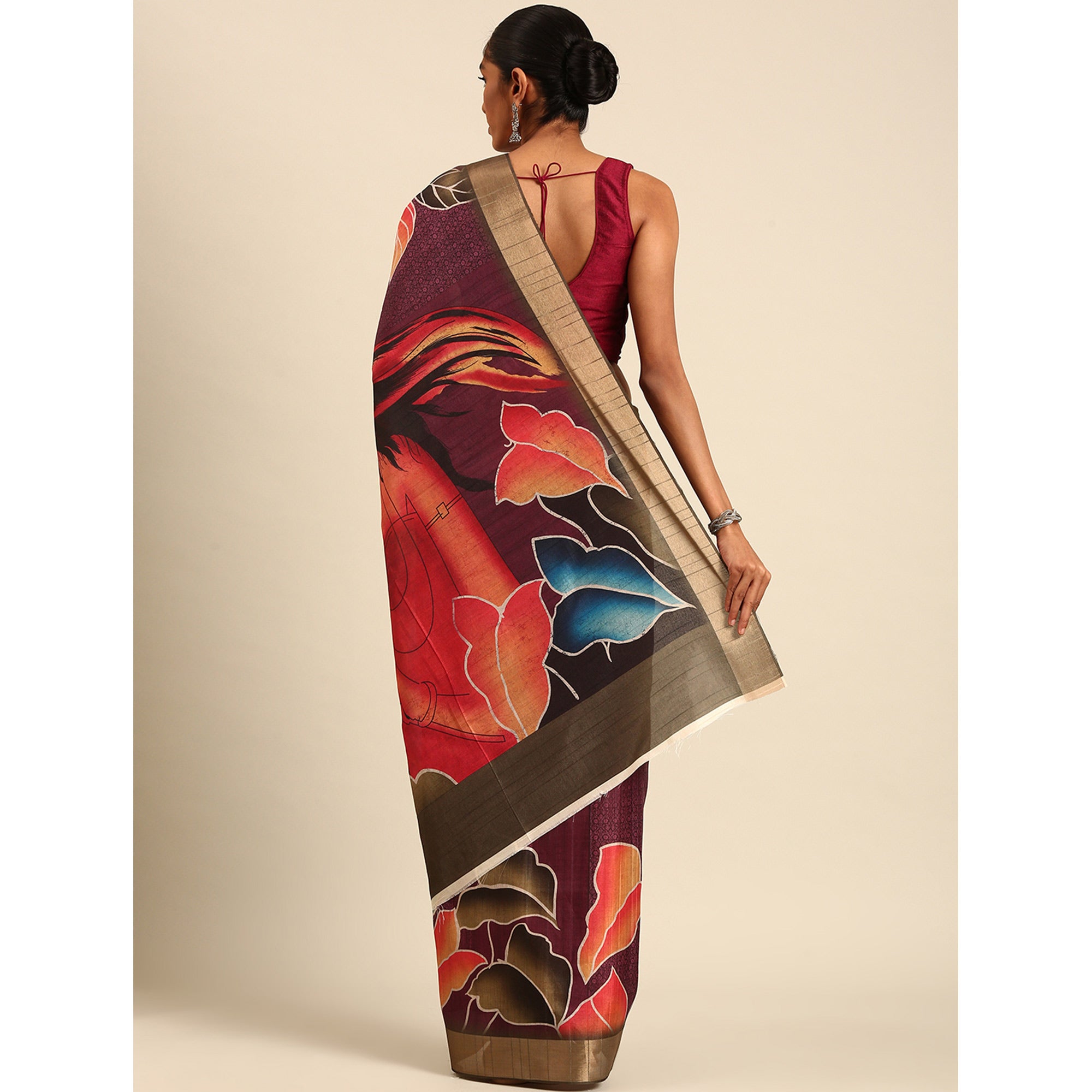 Wine Digital Printed Cotton Blend Saree With Woven Border