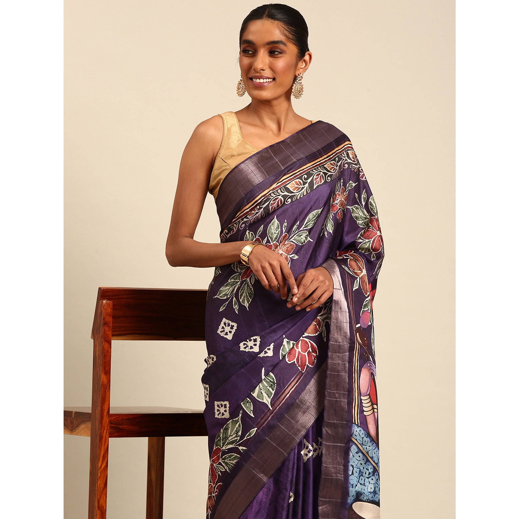 Purple Digital Printed Cotton Blend Saree With Woven Border