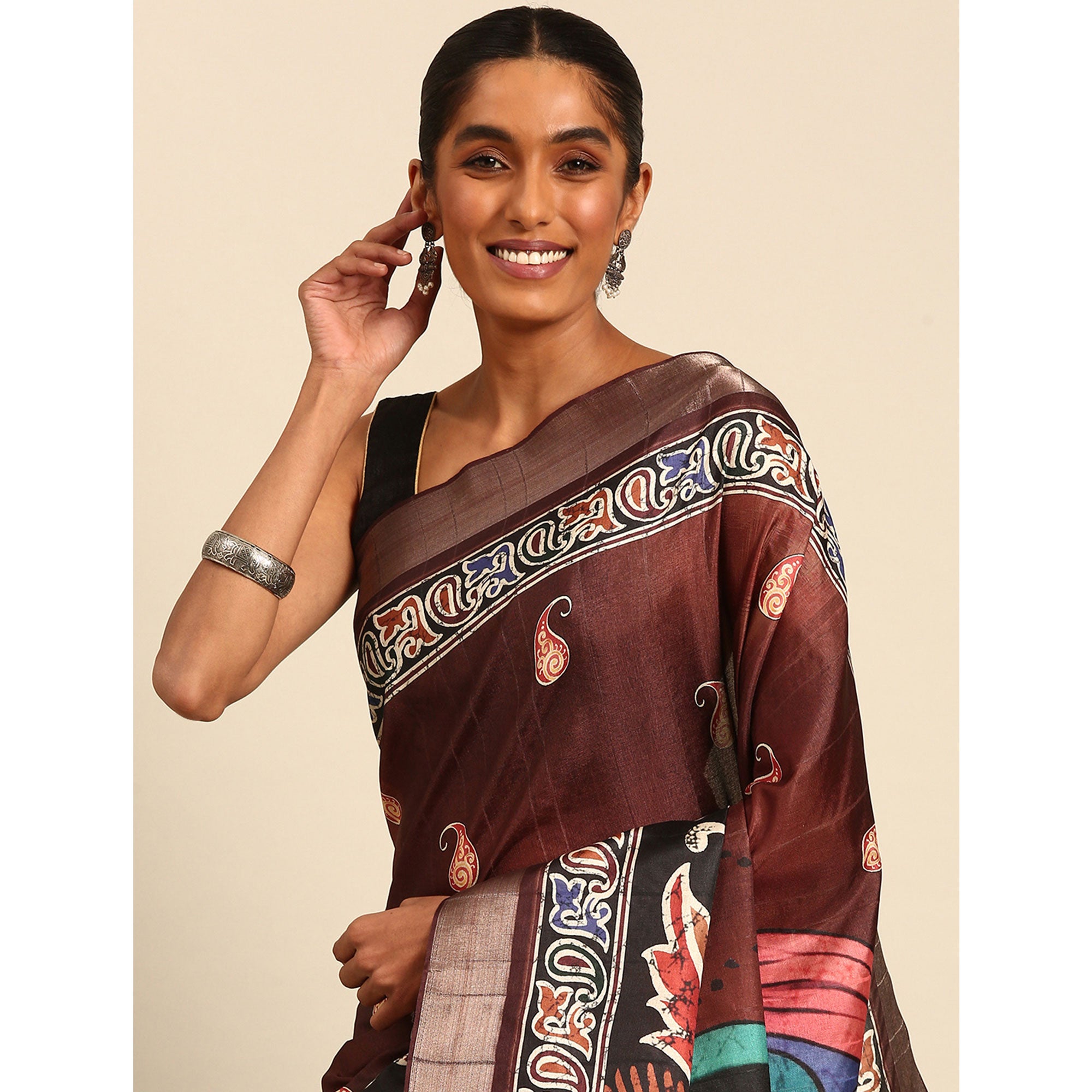 Dark Brown Digital Printed Cotton Blend Saree With Woven Border