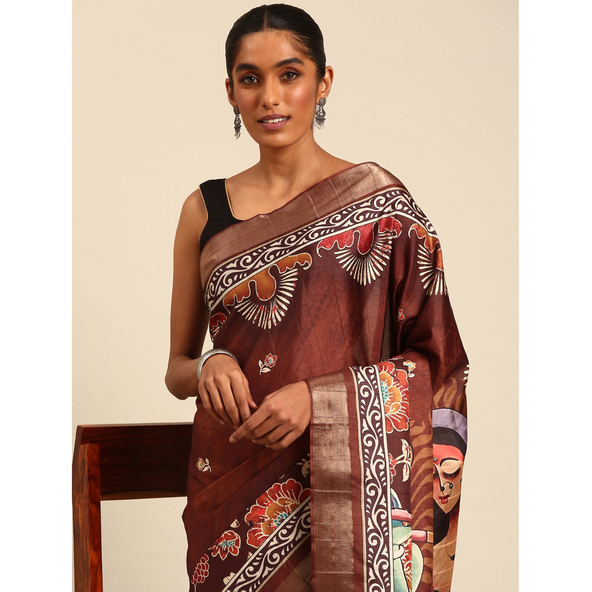 Brown Digital Printed Cotton Blend Saree With Woven Border