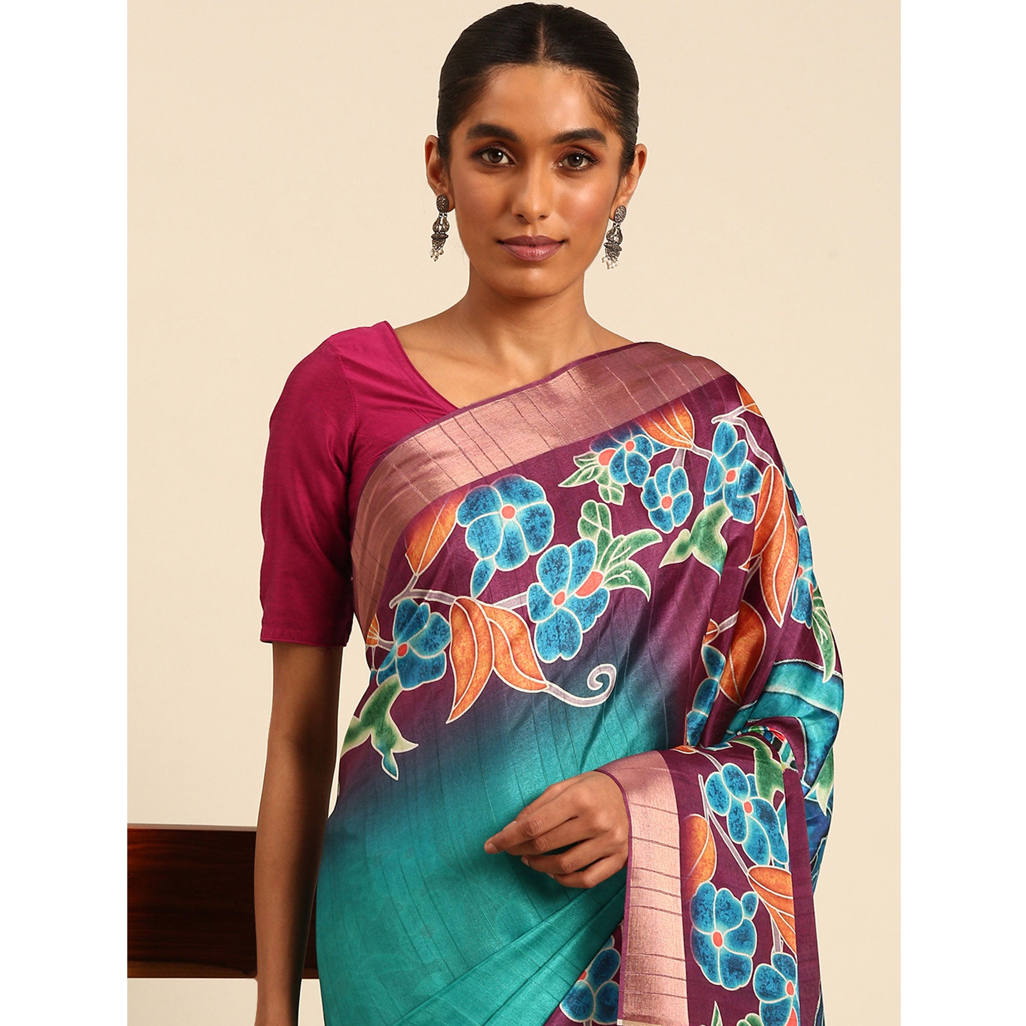 Turquoise Digital Printed Cotton Blend Saree With Woven Border