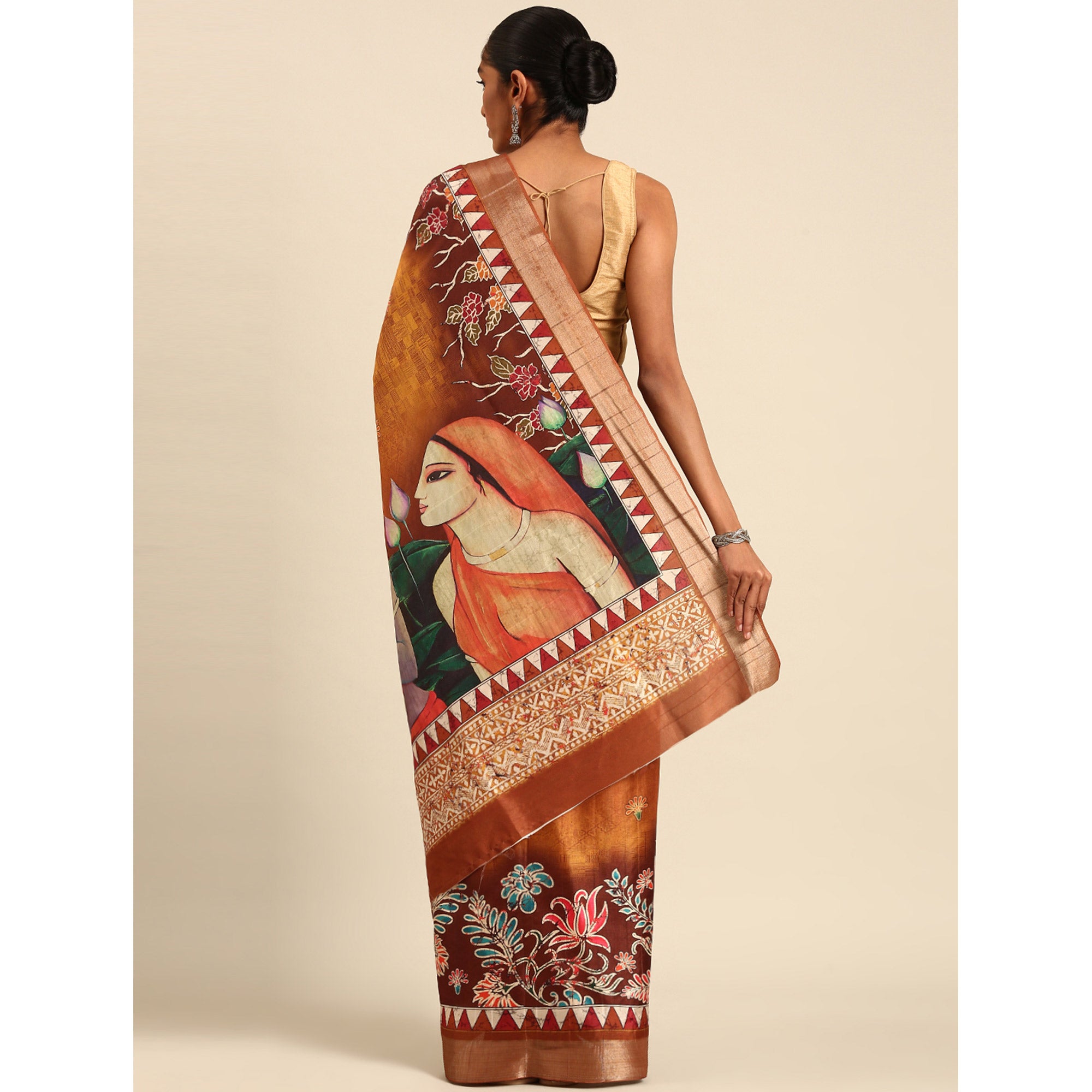 Orange Digital Printed Cotton Blend Saree With Woven Border