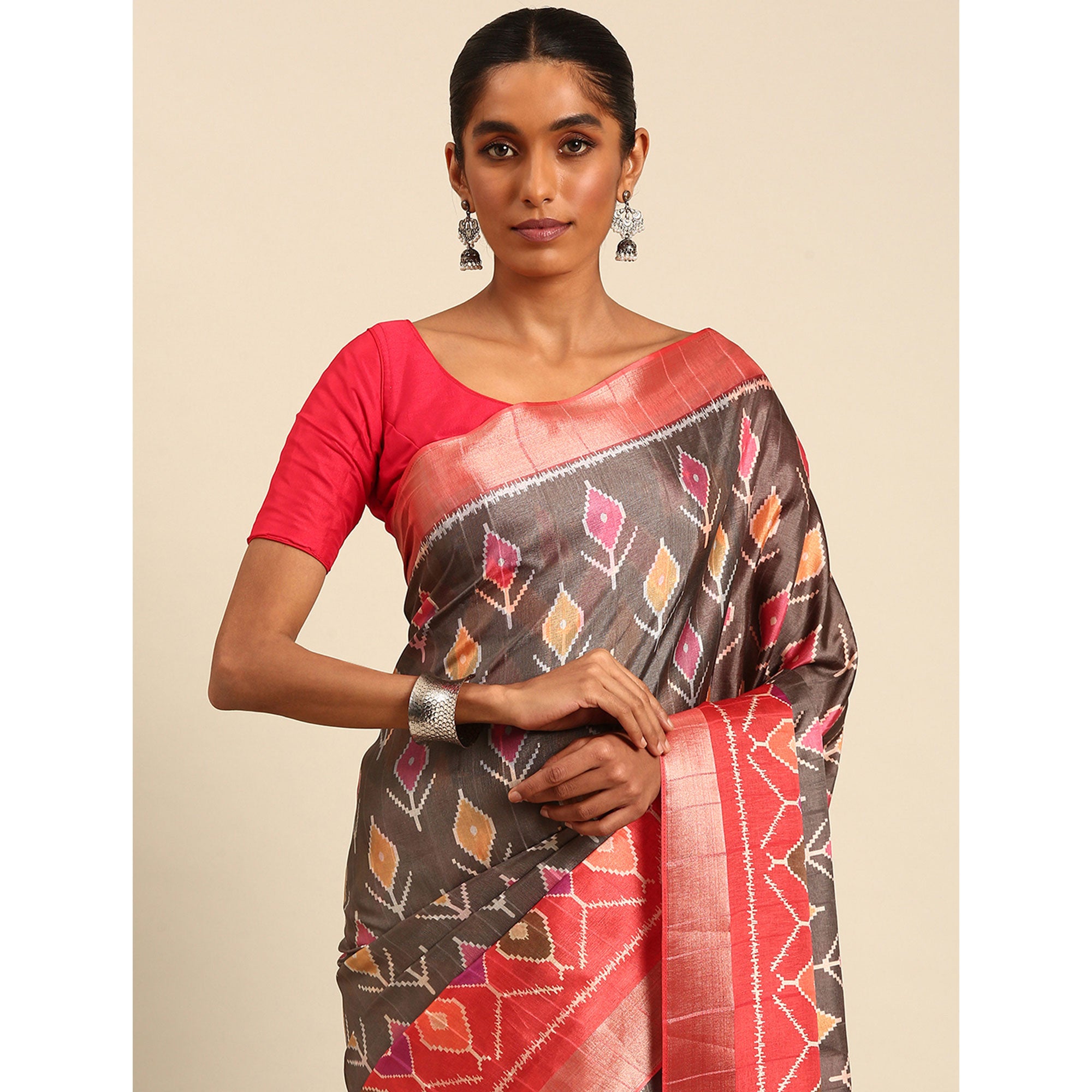 Grey Digital Printed Cotton Blend Saree With Woven Border