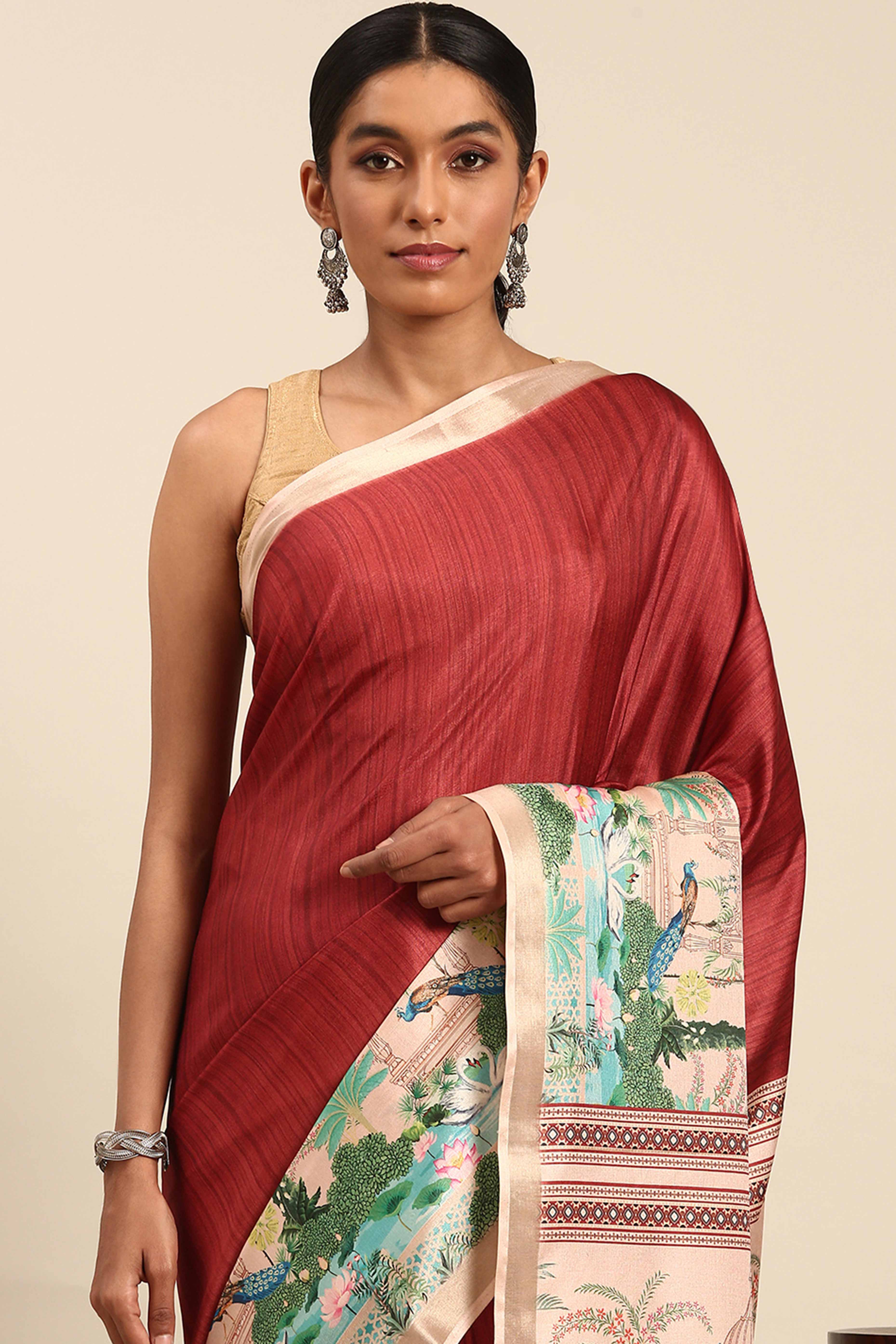 Maroon Digital Printed Cotton Silk Saree