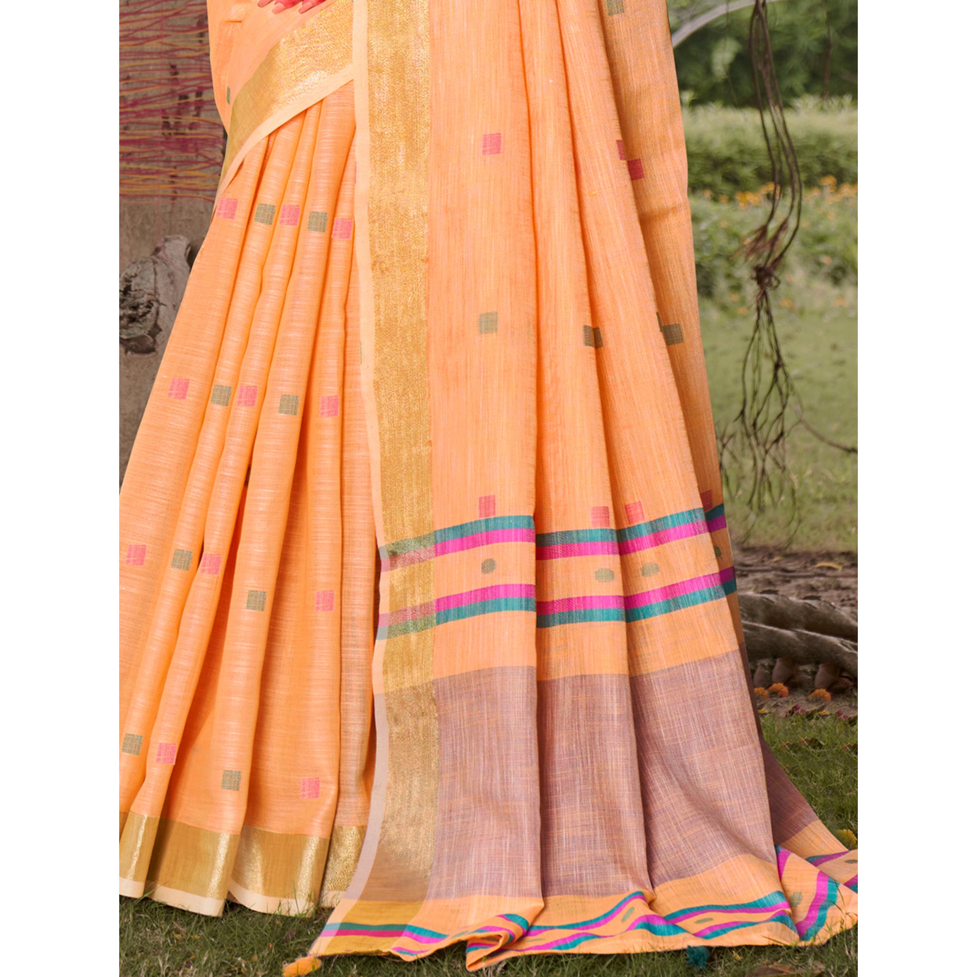 Orange Woven Cotton Blend Saree With Tassels