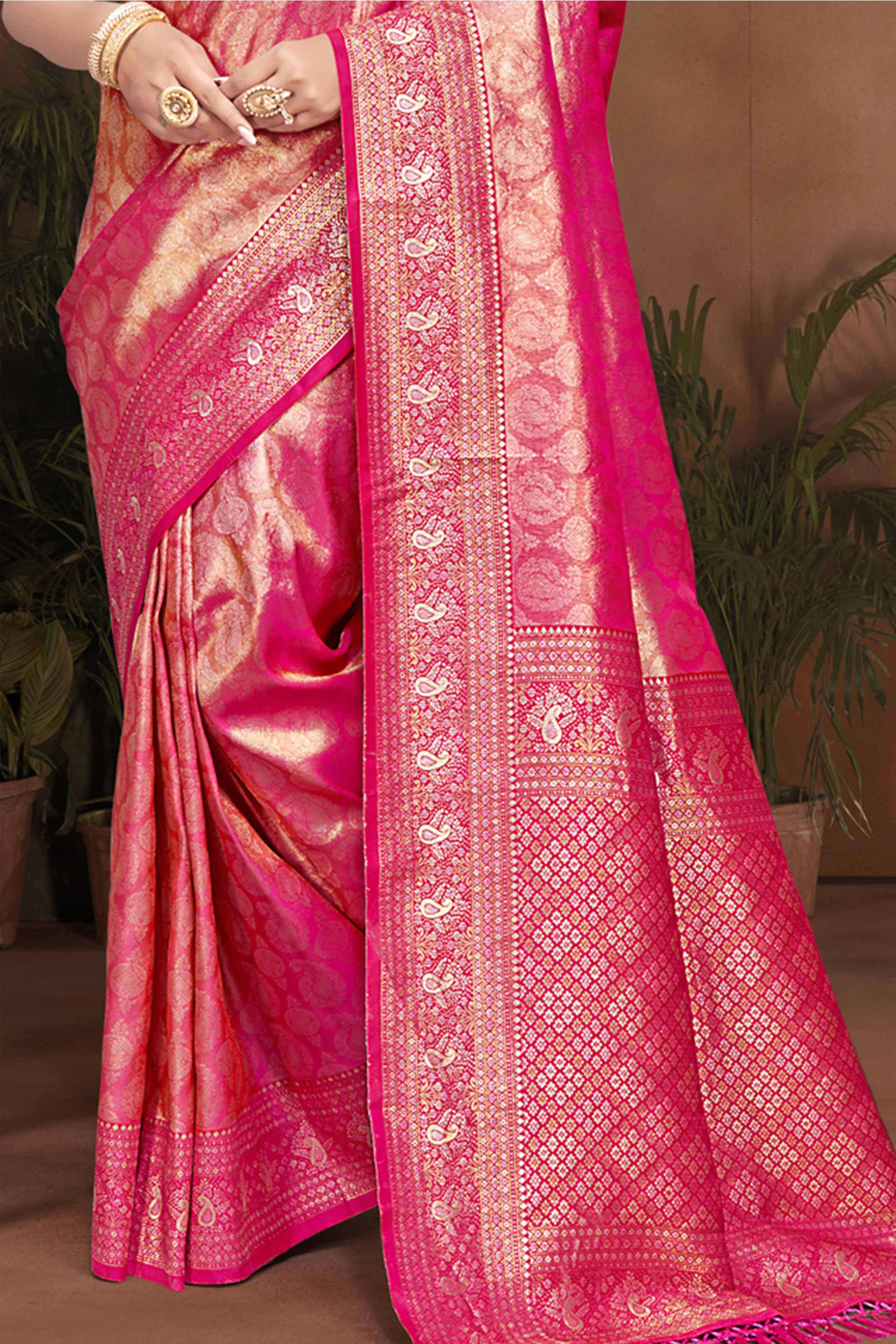 Exclusive Rani Pink Paisley & Floral Pattern Weaving Kanjivaram Silk Saree With Tassel Pallu