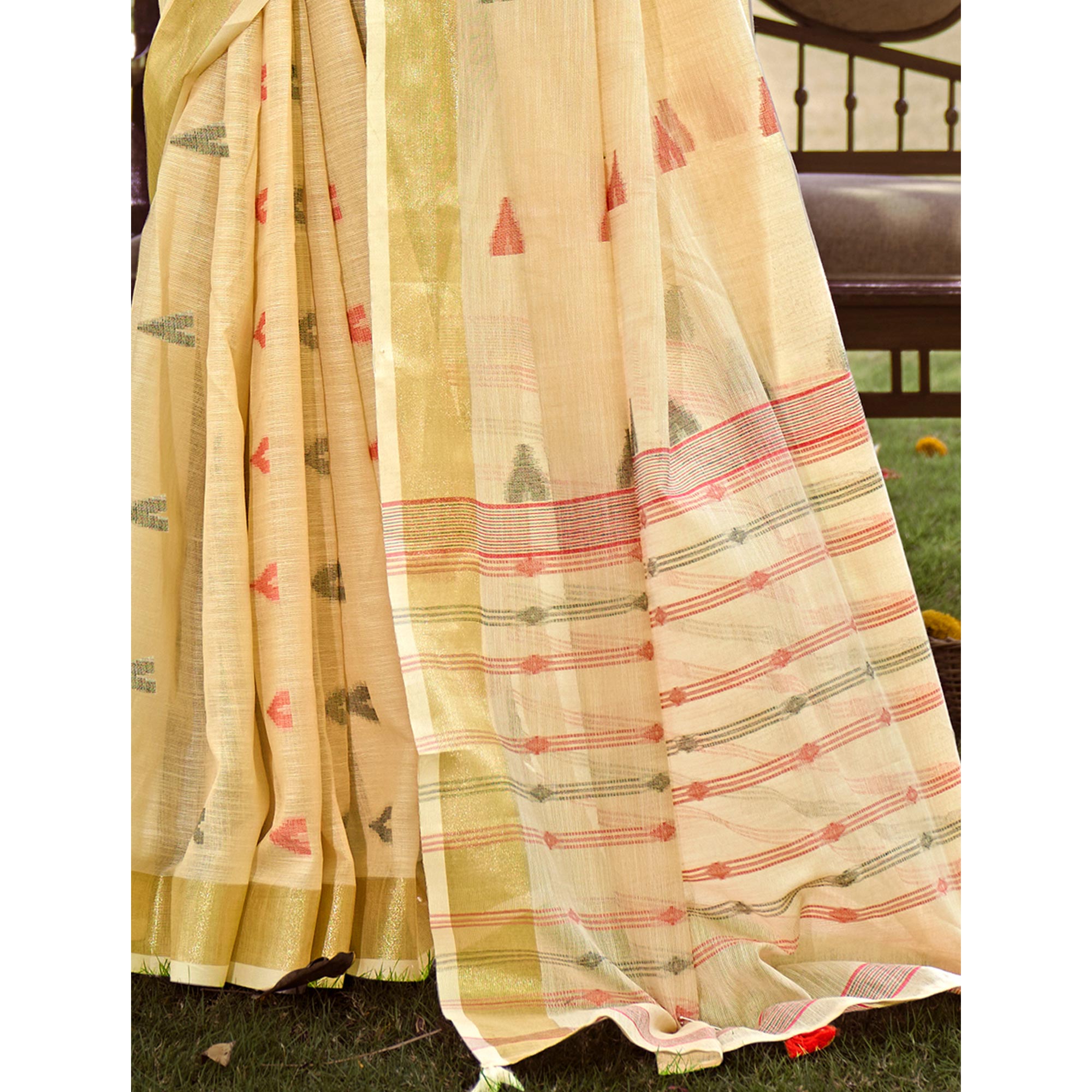 Light Yellow Woven Cotton Blend Saree