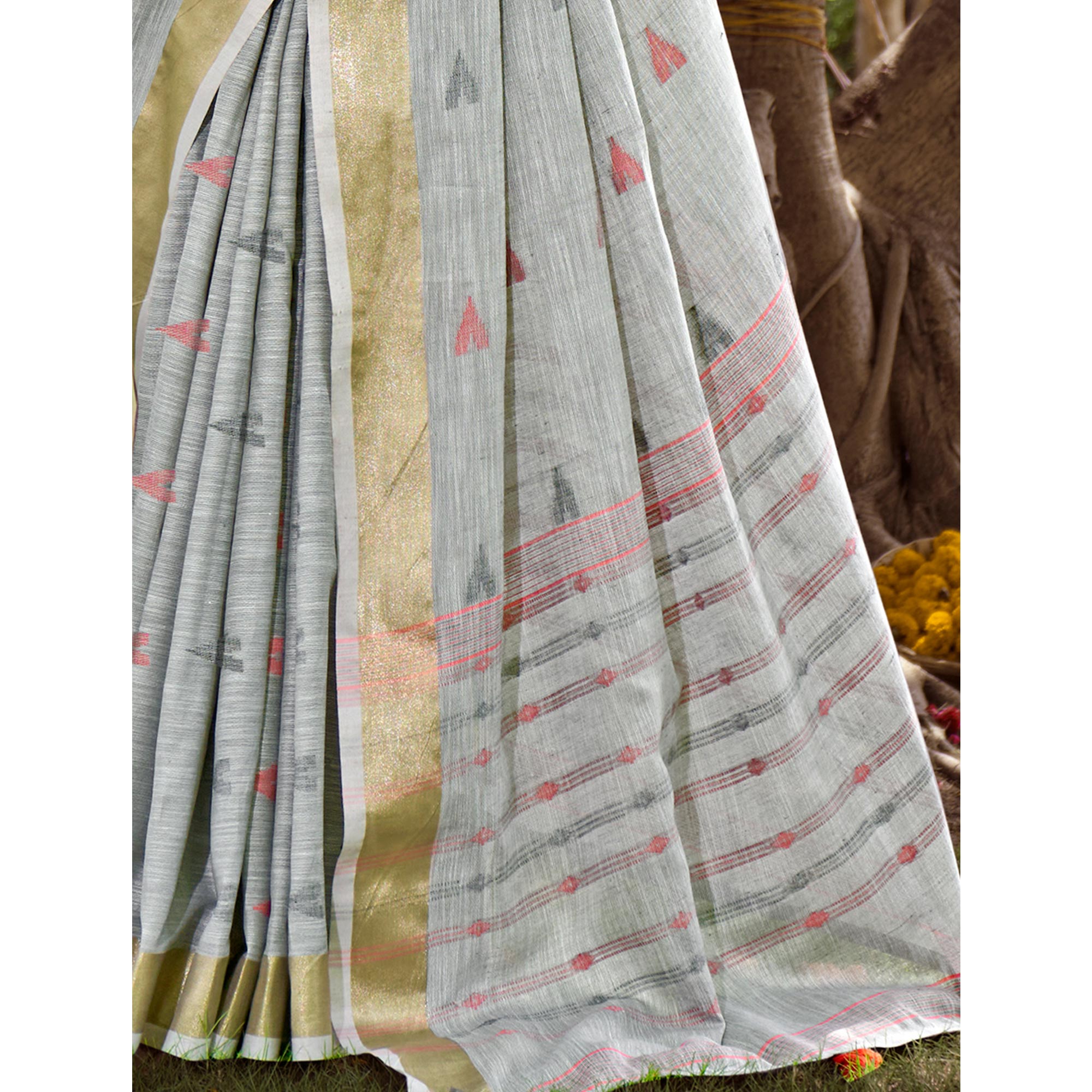 Grey Woven Cotton Blend Saree