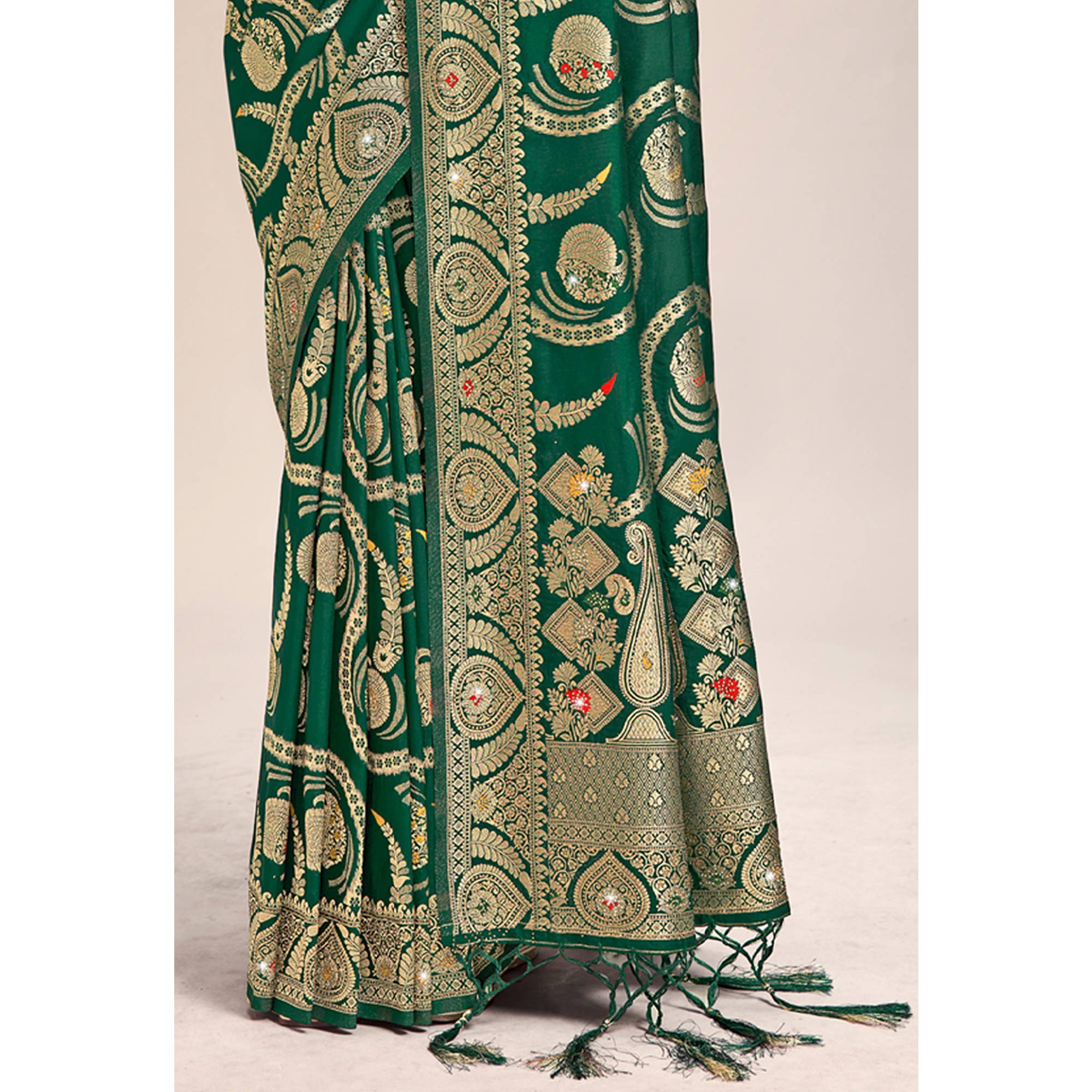 Dark Green Woven Banarasi Silk Saree With Tassels