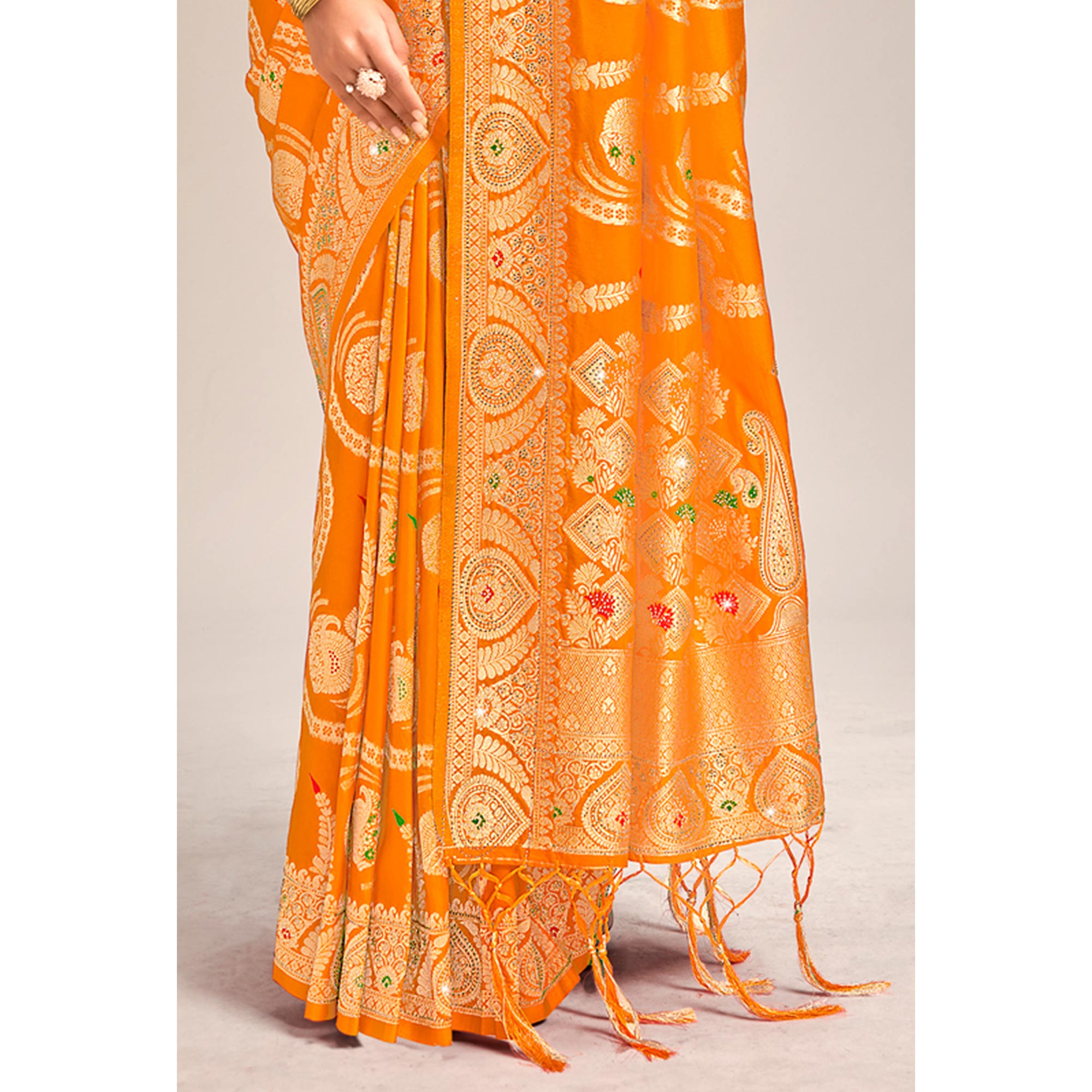 Mustard Woven Banarasi Silk Saree With Tassels