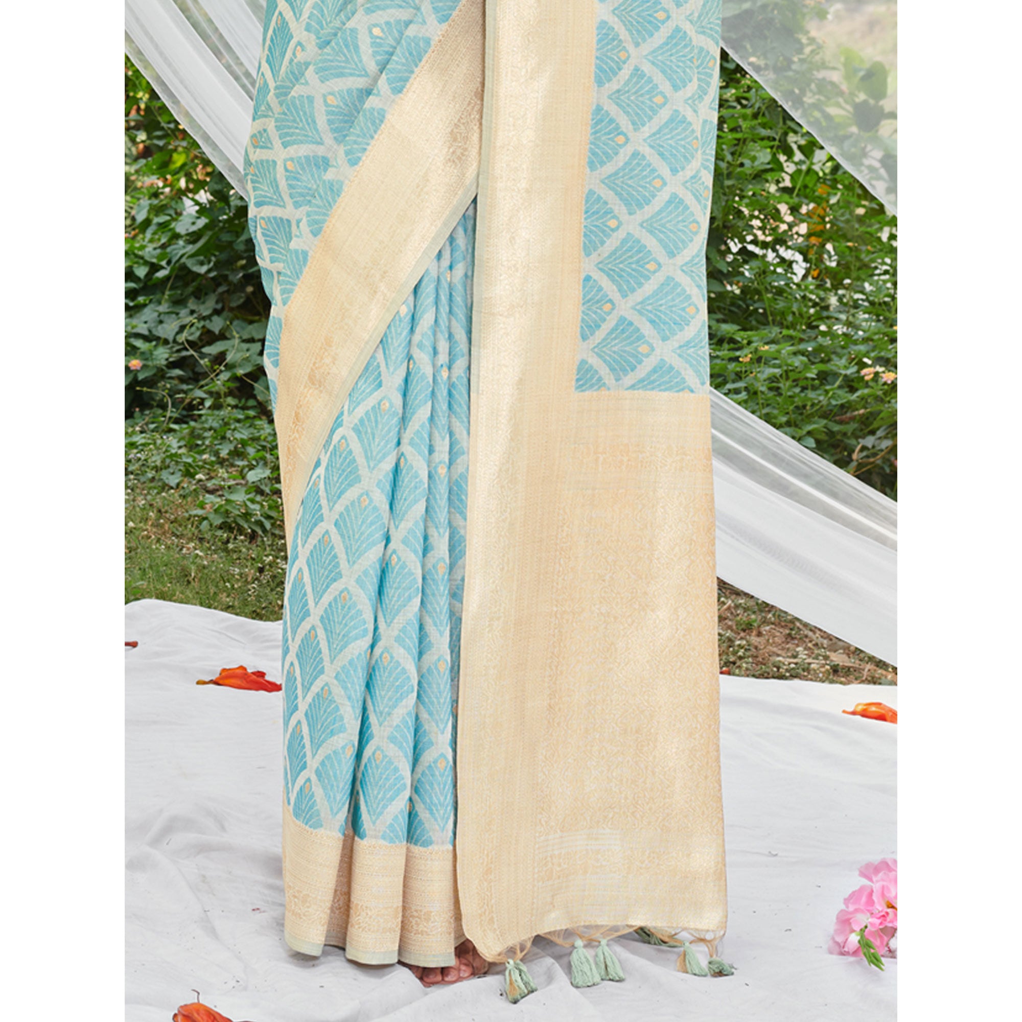 Sky Blue Woven Cotton Silk Saree With Tassels