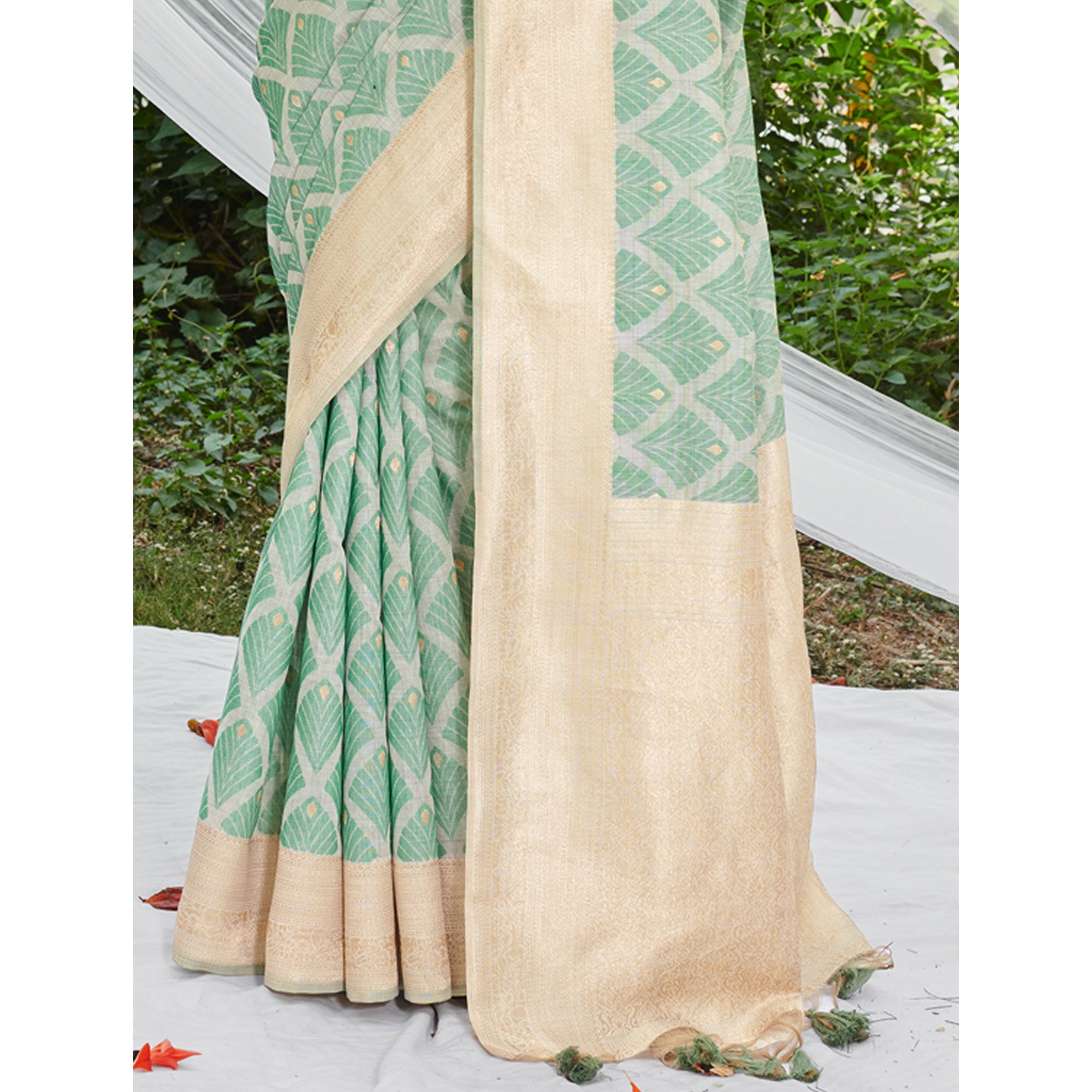 Green Woven Cotton Silk Saree With Tassels